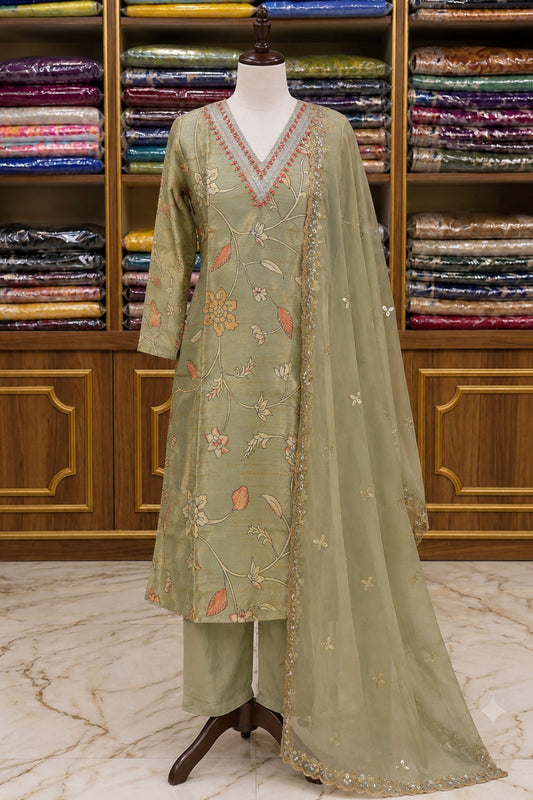 Pista Green Shimmer Silk Digital Work Suit Set with Organza Dupatta
