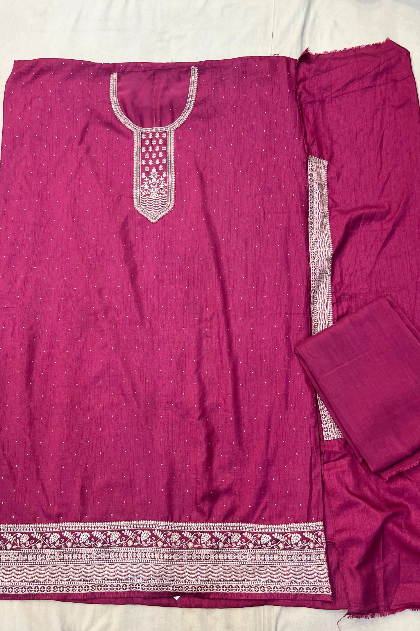 Wine Silk Suit Set with Patchwork & Threadwork Dupatta