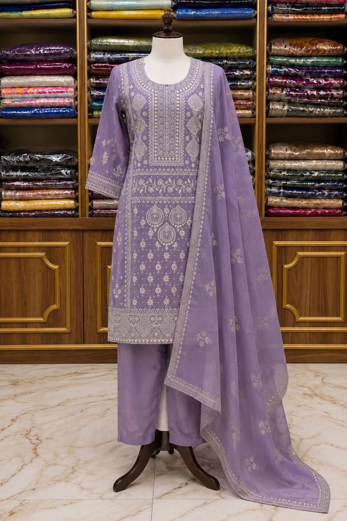 Lavender Burberry Suit Set with Silver Jari & Sippi Work