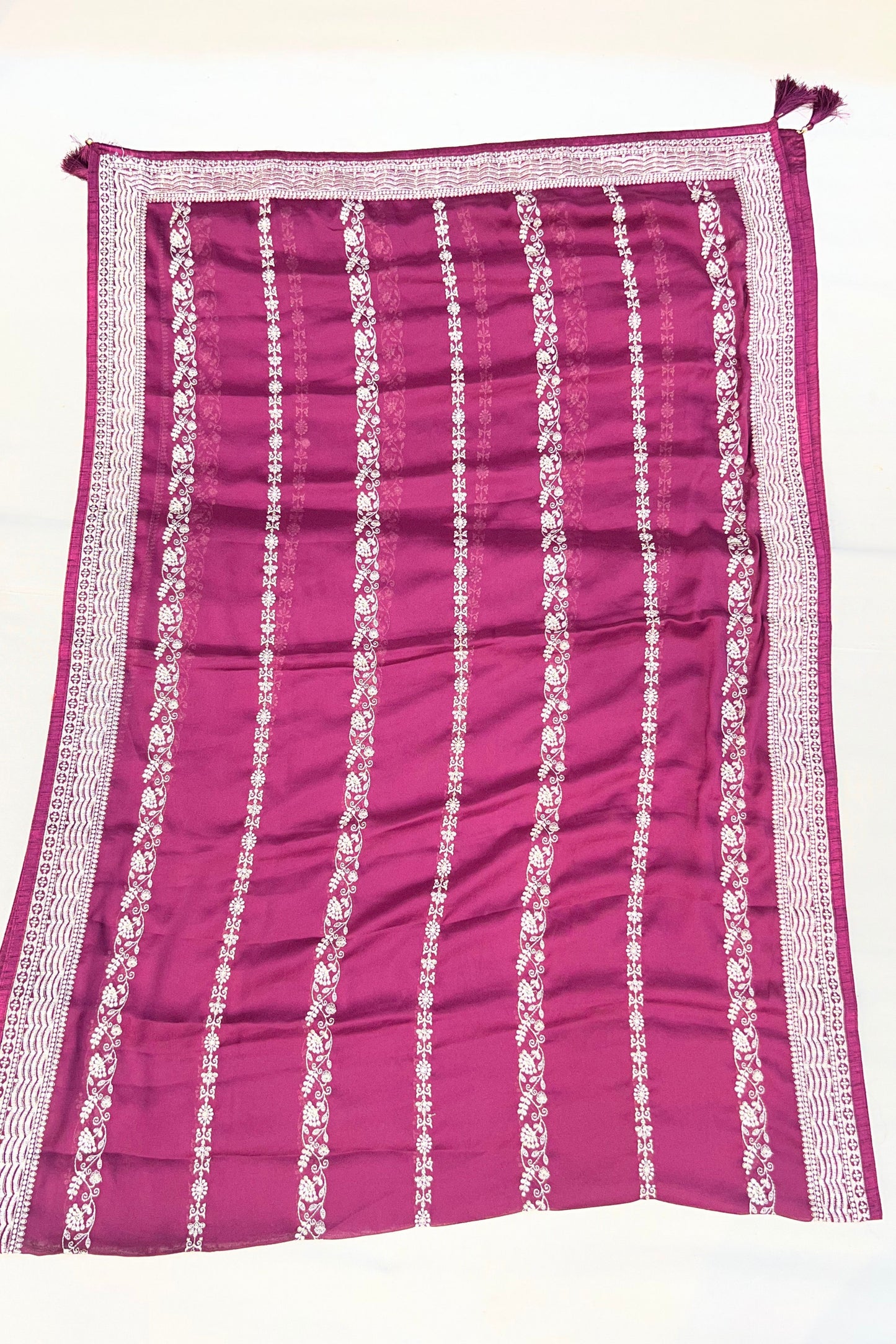 Wine Silk Suit Set with Patchwork & Threadwork Dupatta