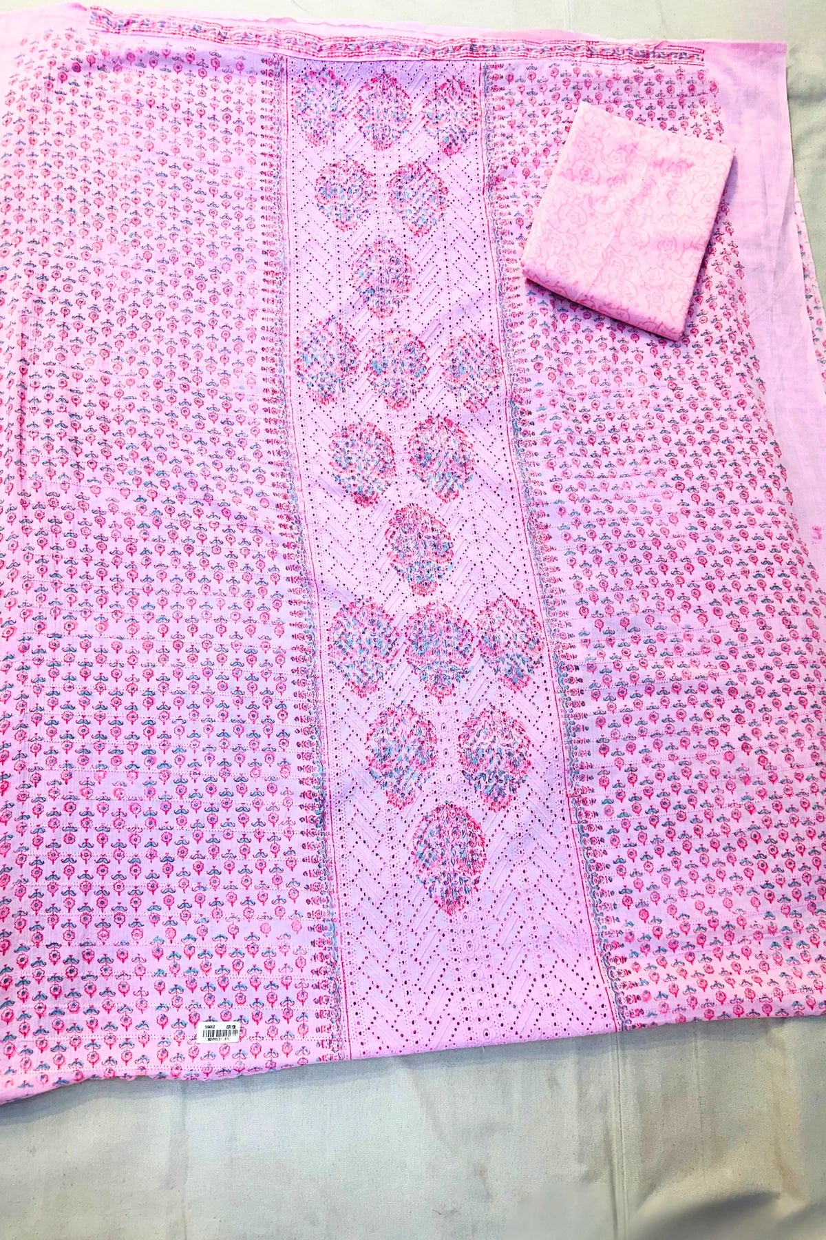 Pink Printed Chikankari Work Cotton Suit Set with Quota Doria Dupatta