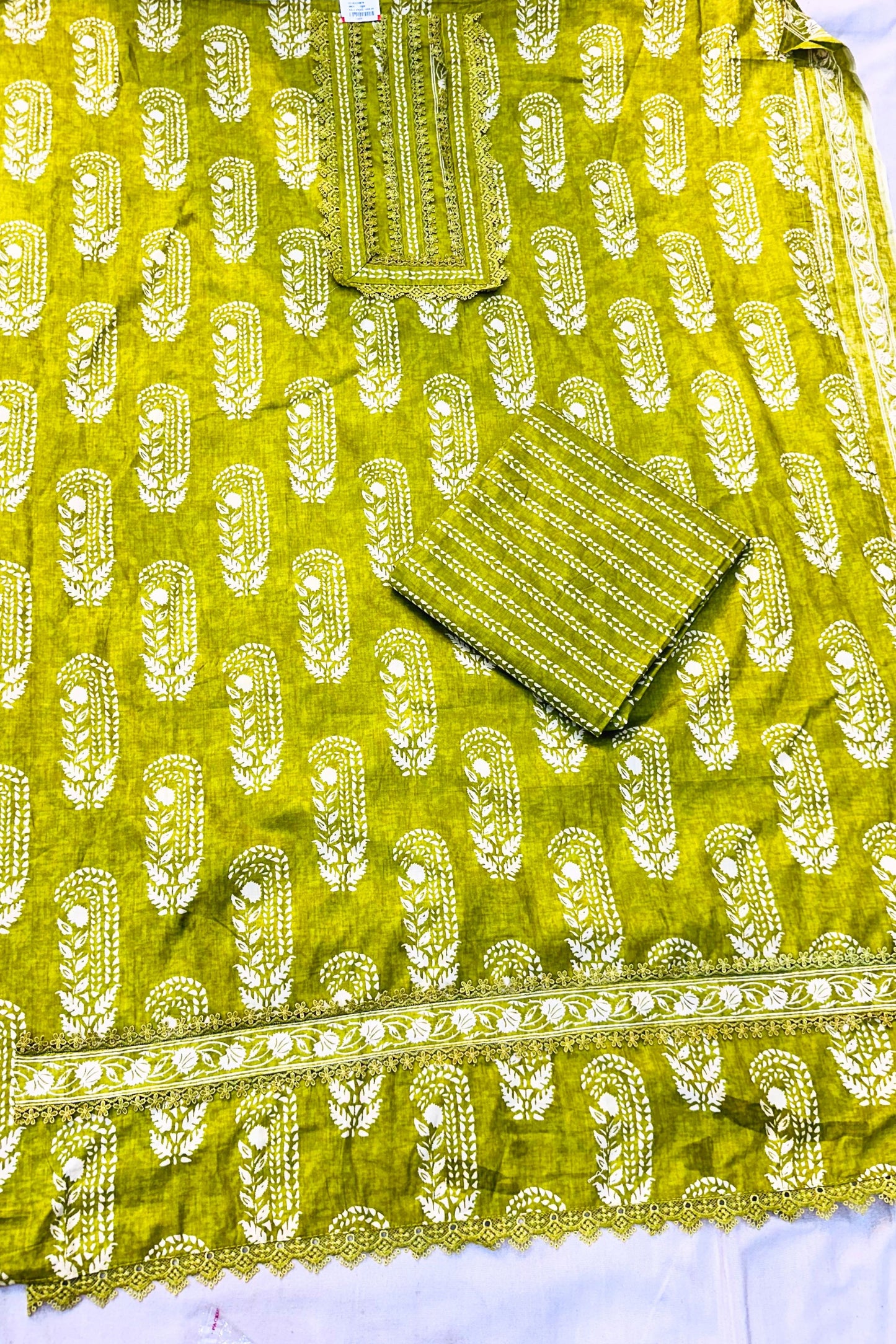 Mehndi Green Printed Suit Set with Patch Work