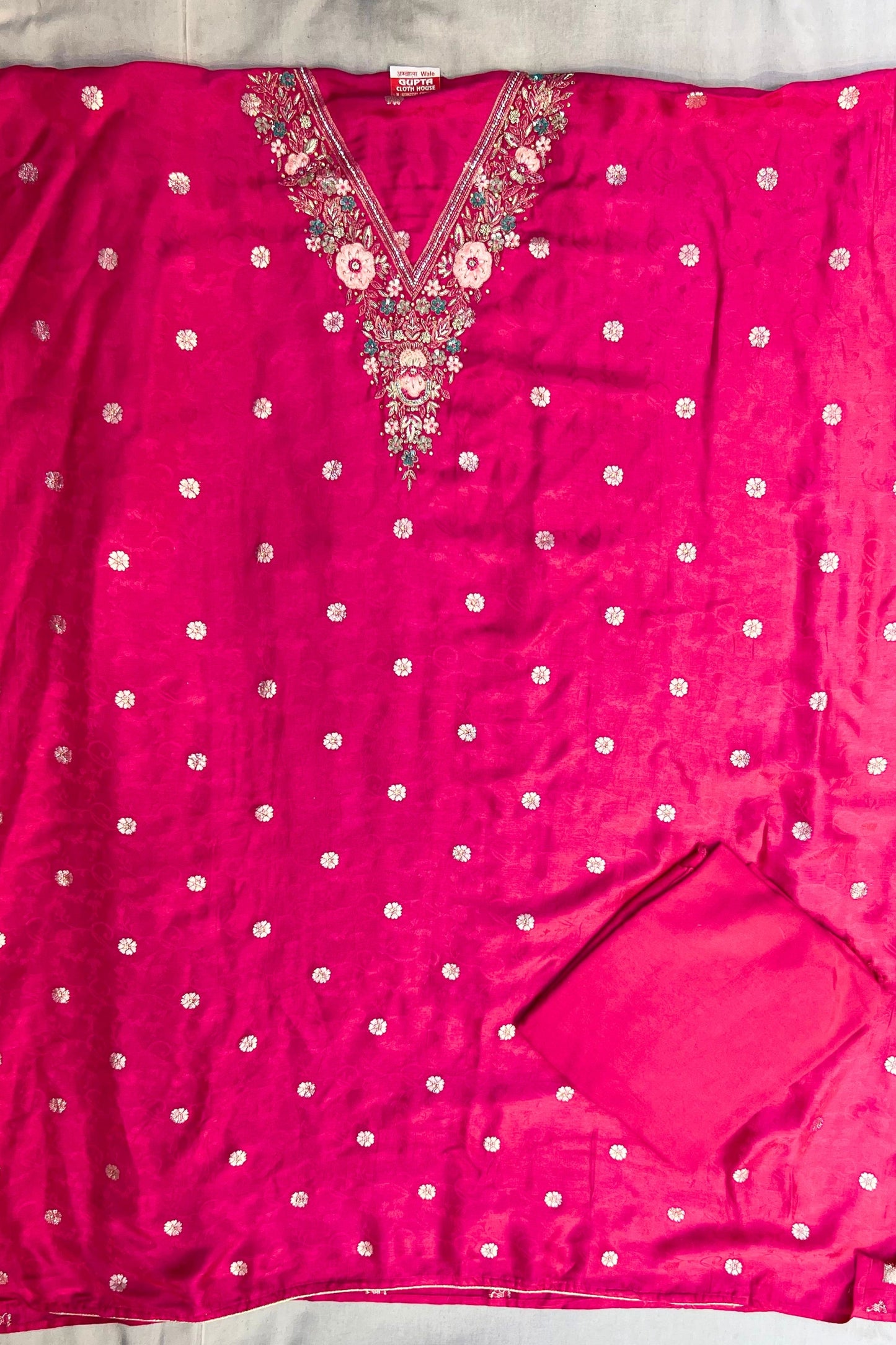 Rani Pink Pure Kosa Silk Handwork Suit Set with Chiffon Dupatta