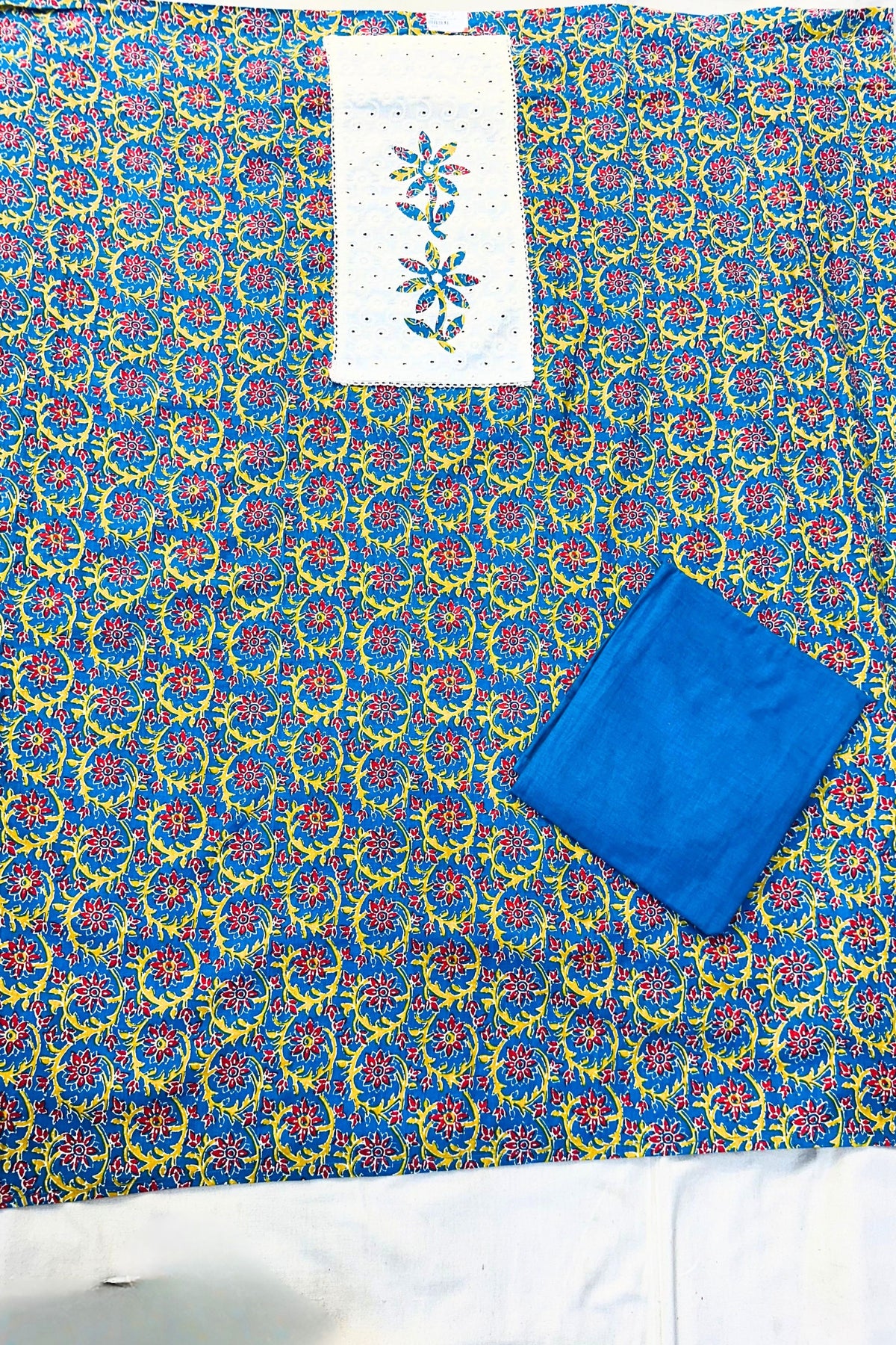 Blue Printed Patch Work Cotton 3-Piece Suit Set with Cream Dupatta