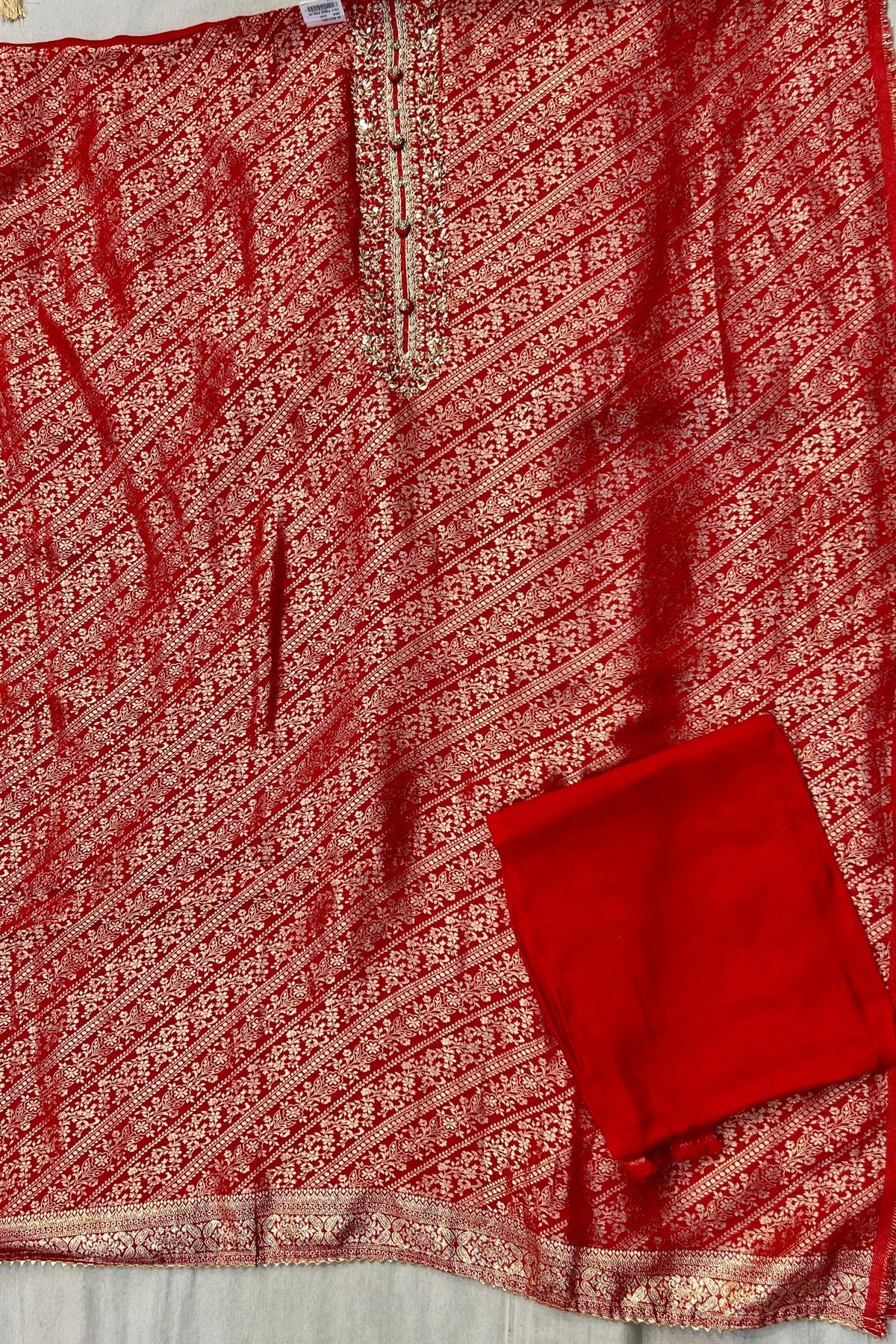 Blood Red Silk Suit Set with Booti Silk Dupatta