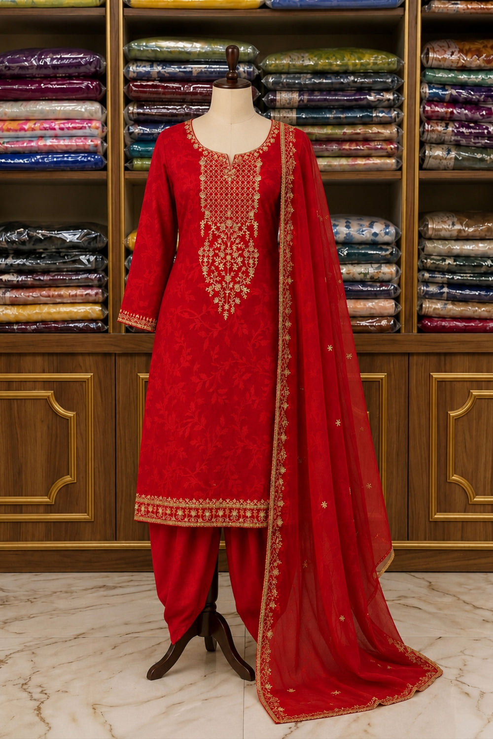 Tomato Red Self Silk Kurta Set with Dhoti Salwar & Embroidered Dupatta