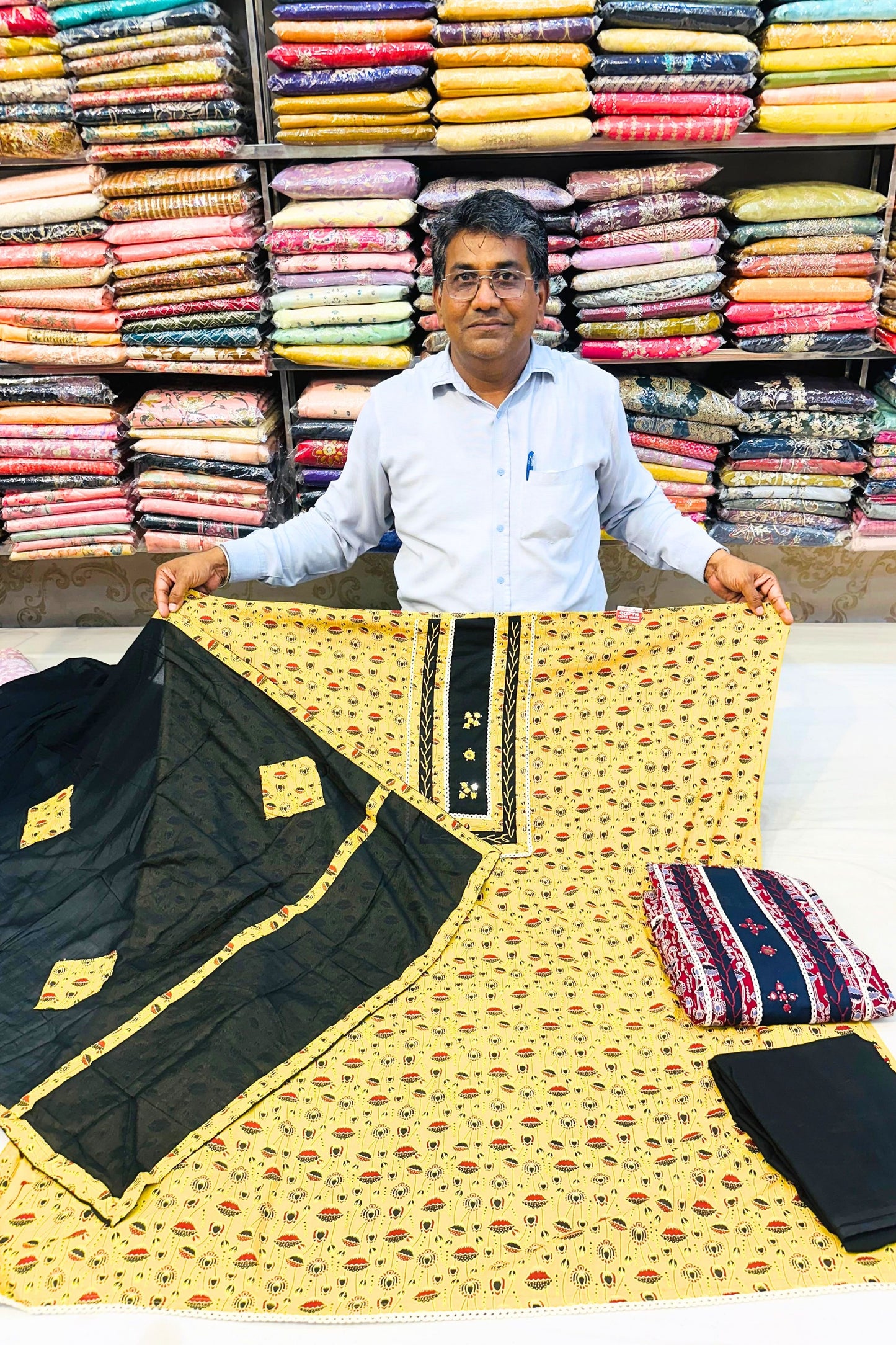 Mustard Yellow Cotton Suit with Black Patch Work & Dupatta