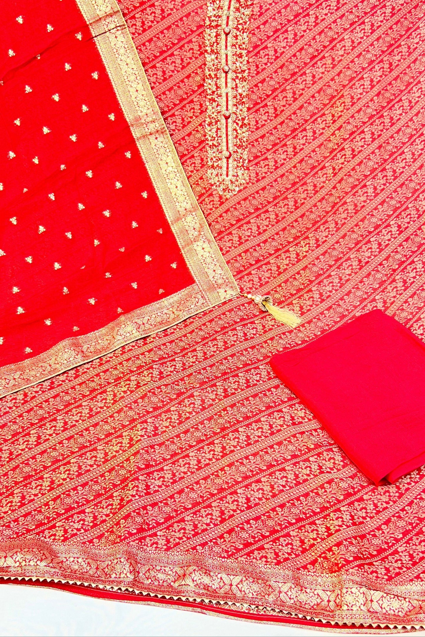 Blood Red Silk Suit Set with Booti Silk Dupatta