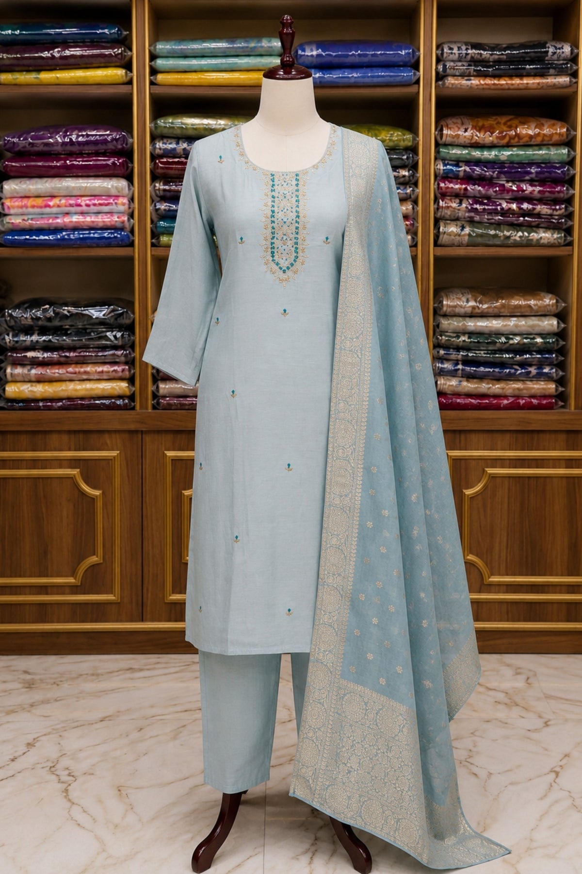 Sea Green Silk Suit Set with Nalki & Dabka Work