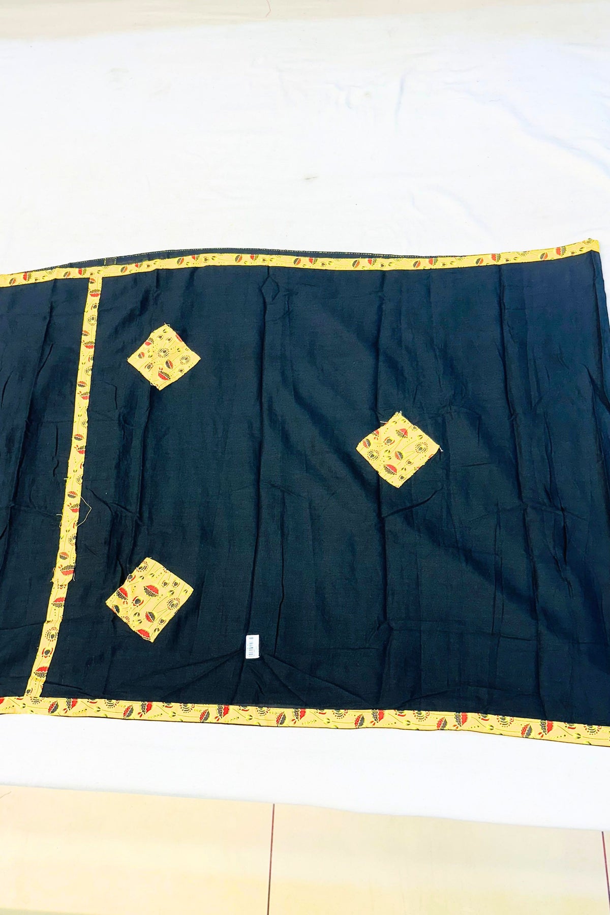 Mustard Yellow Cotton Suit with Black Patch Work & Dupatta