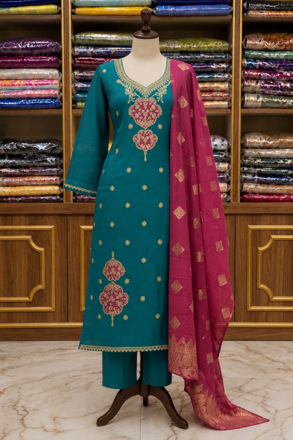 Peacock Green Silk Suit Set with Jari Work