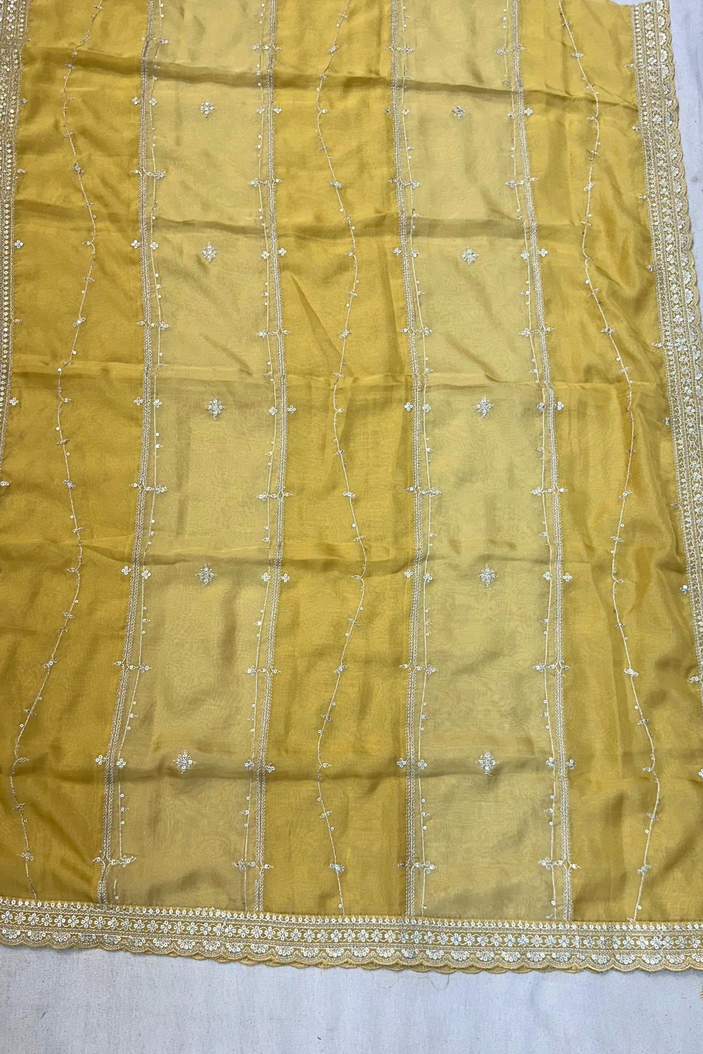 Light Golden Self Silk Designer Suit Set with Sippi Work & Organza Dupatta