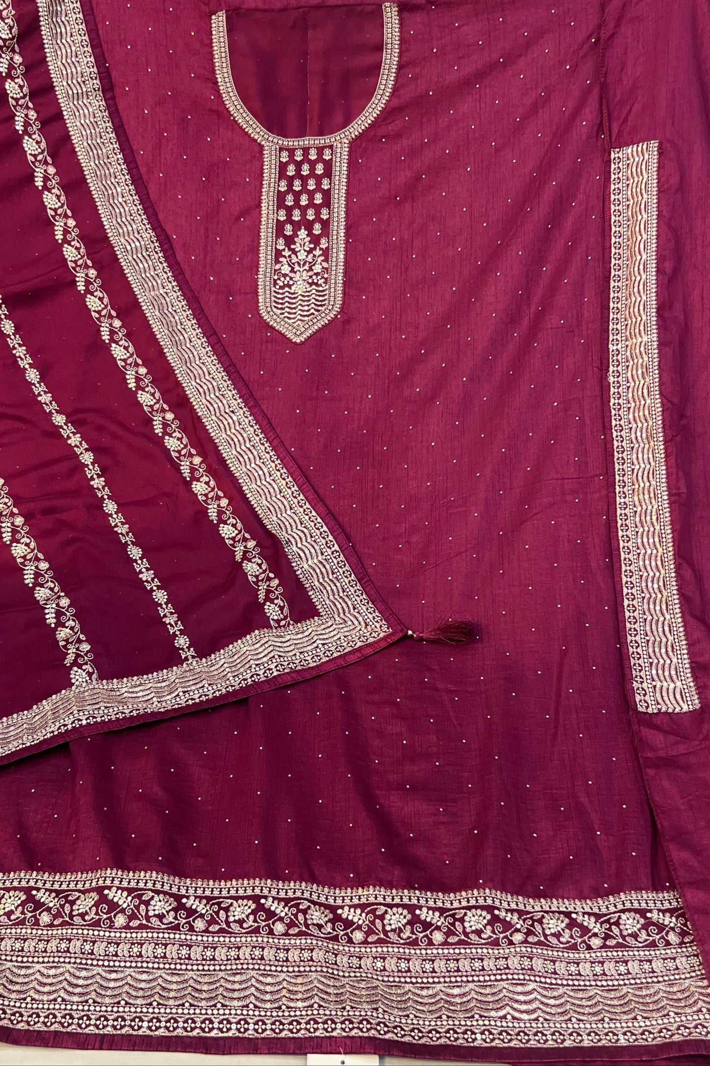 Wine Silk Suit Set with Patchwork & Threadwork Dupatta