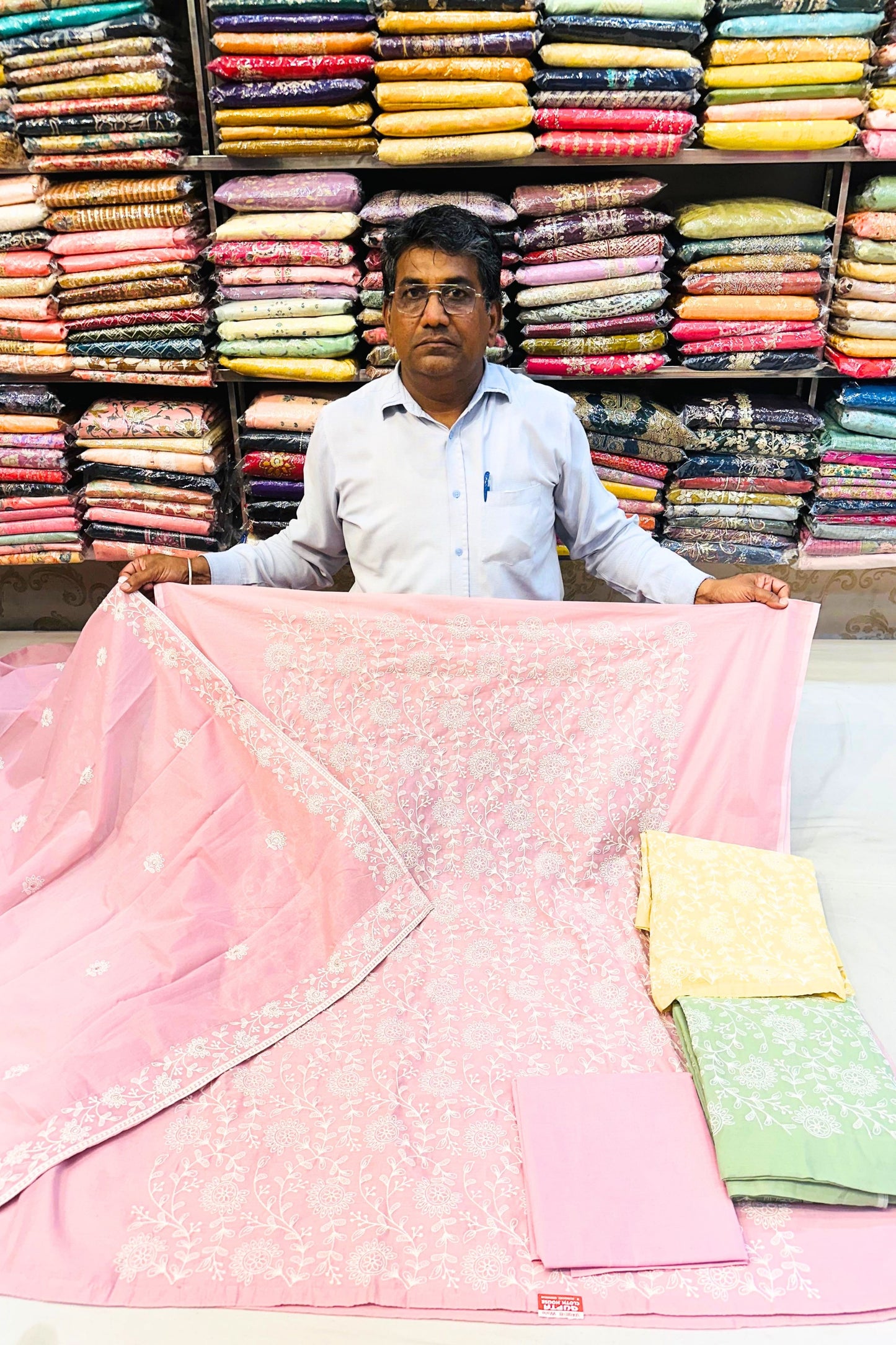 Pink Maheshwari Cotton Thread Work Suit Set with Dupatta