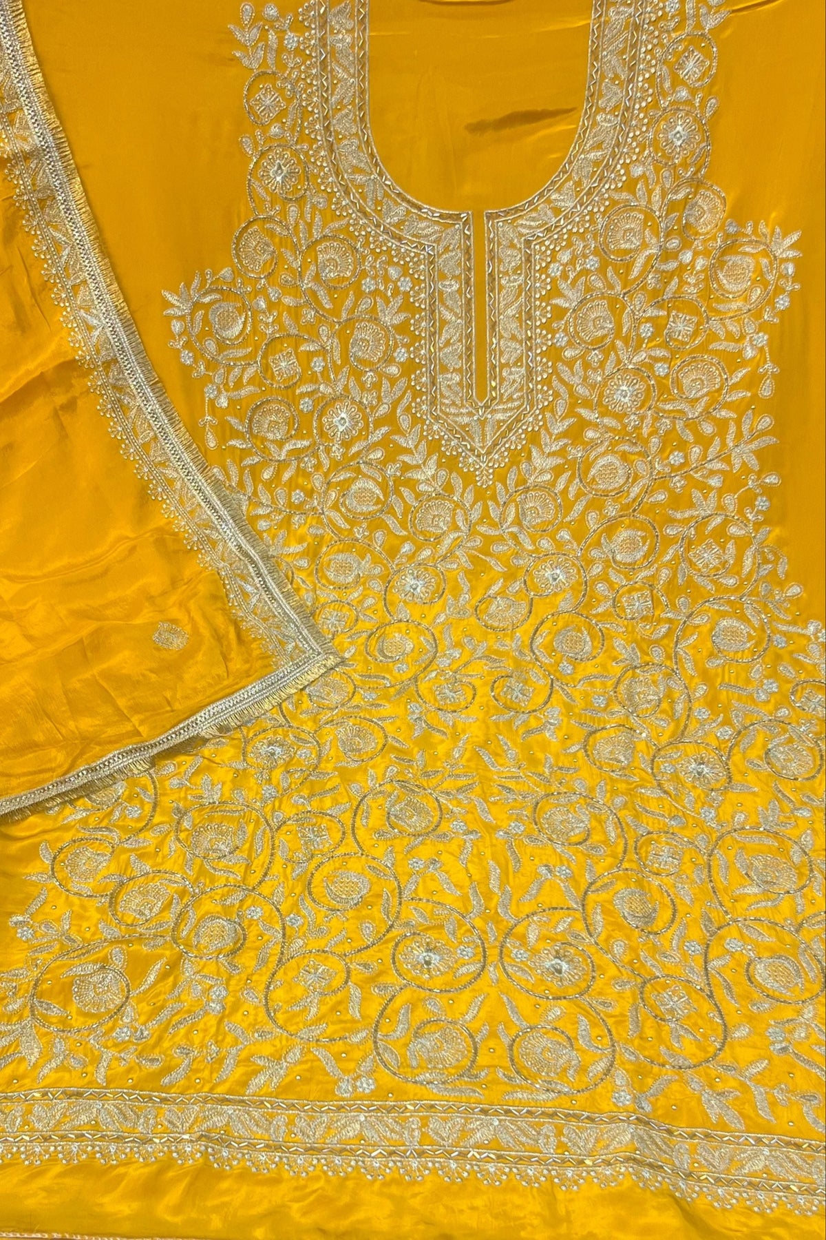 Mustard Yellow Pure Crape Handwork Suit Set
