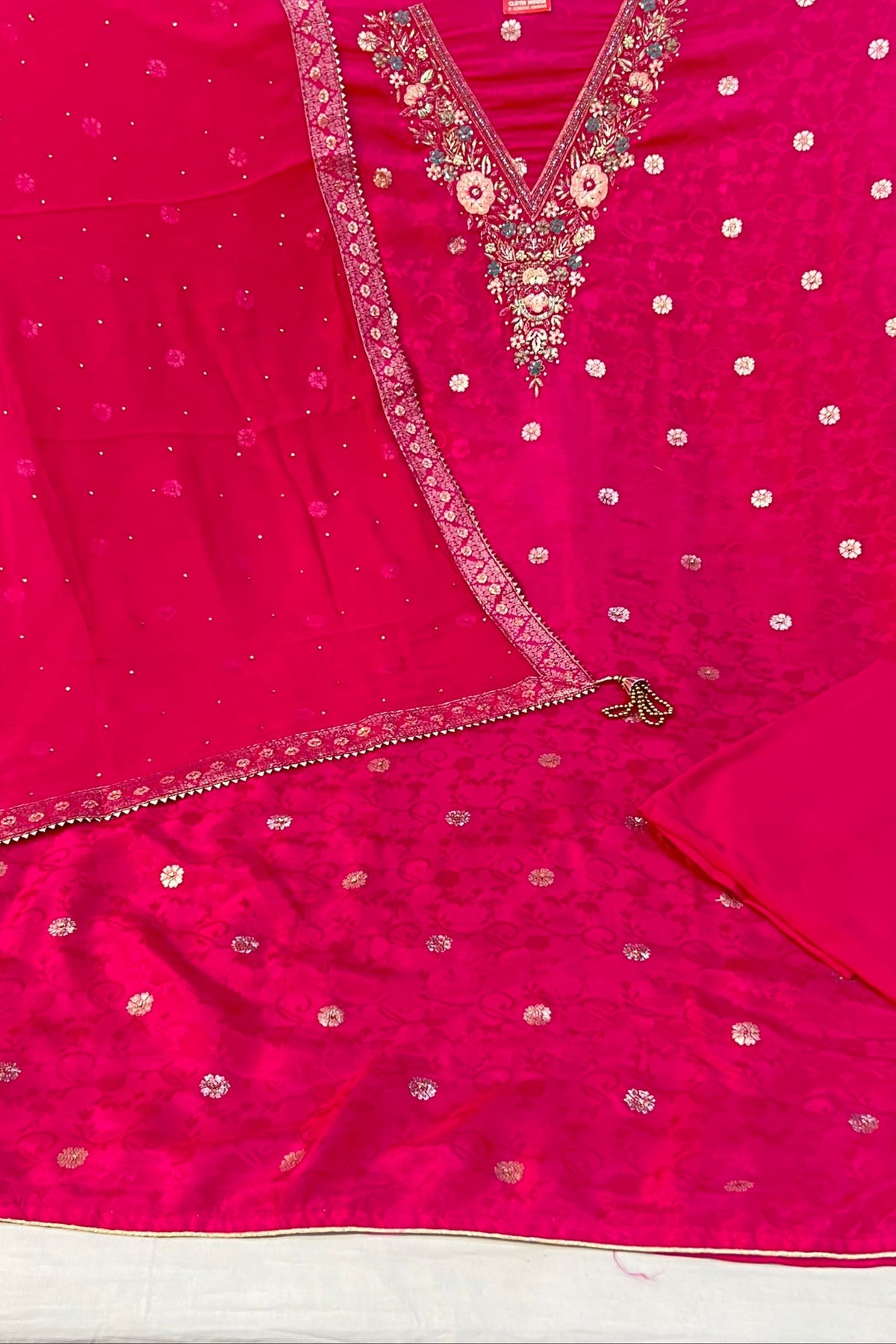 Rani Pink Pure Kosa Silk Handwork Suit Set with Chiffon Dupatta