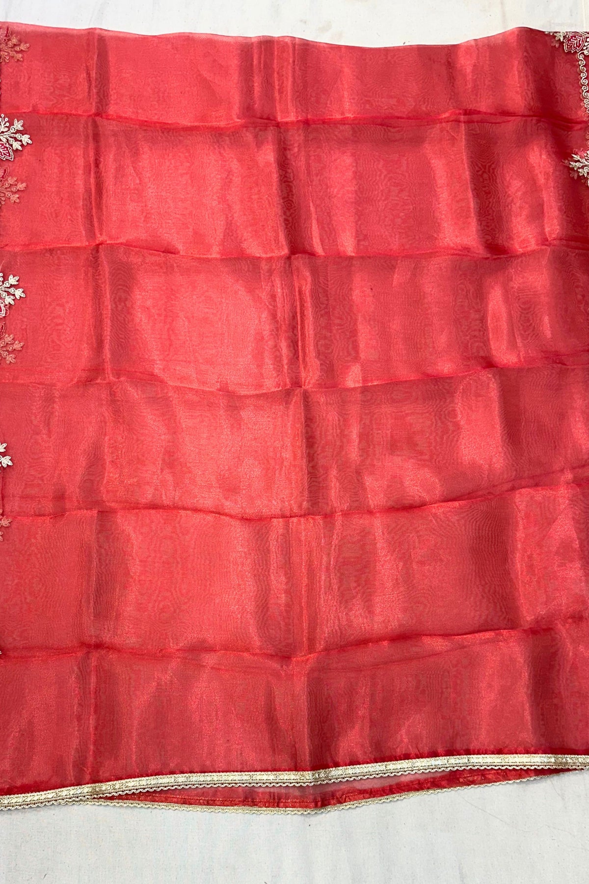 Dark Carrot Organza Handwork Suit Set with Silk Bottom & Organza Dupatta