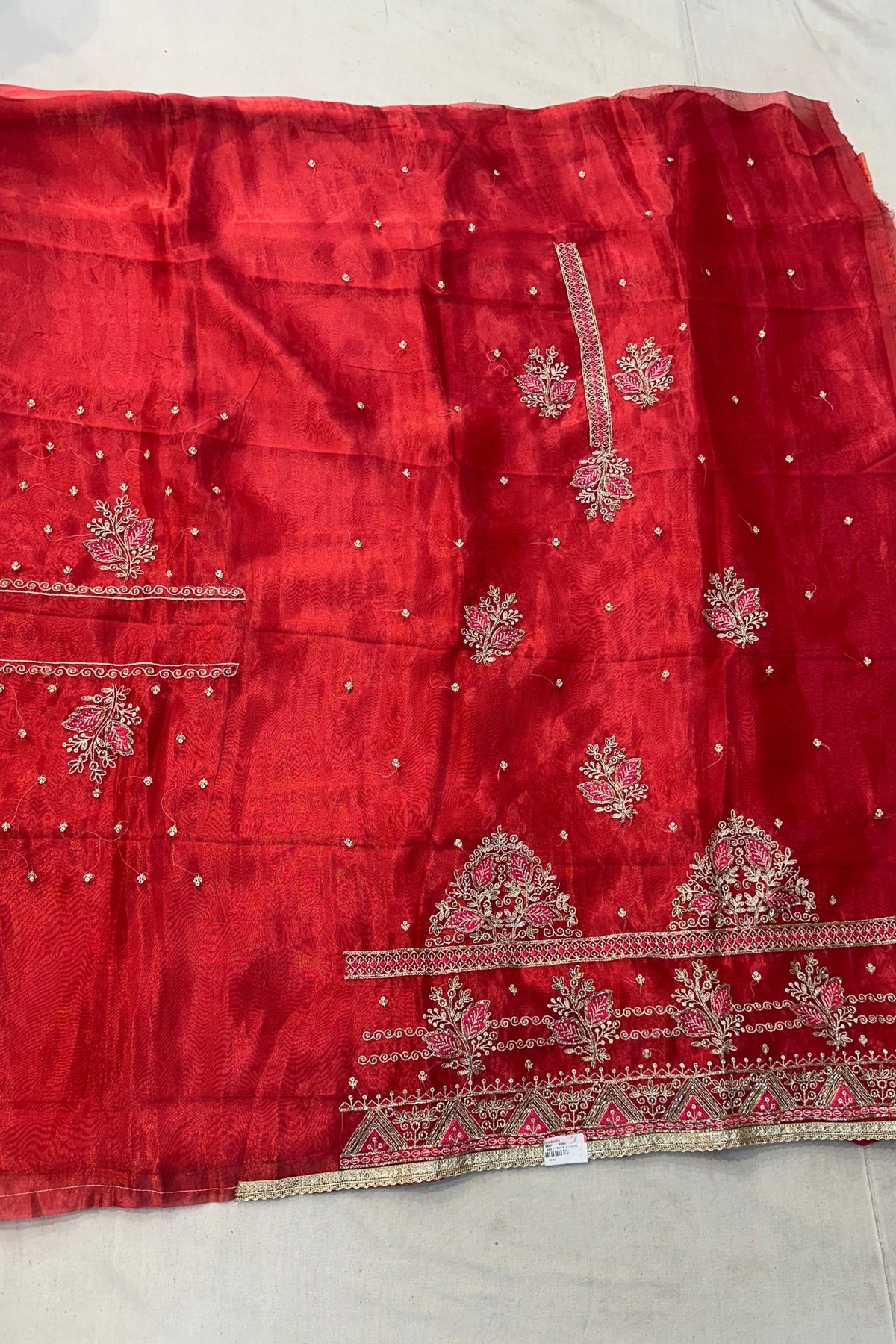 Dark Carrot Organza Handwork Suit Set with Silk Bottom & Organza Dupatta