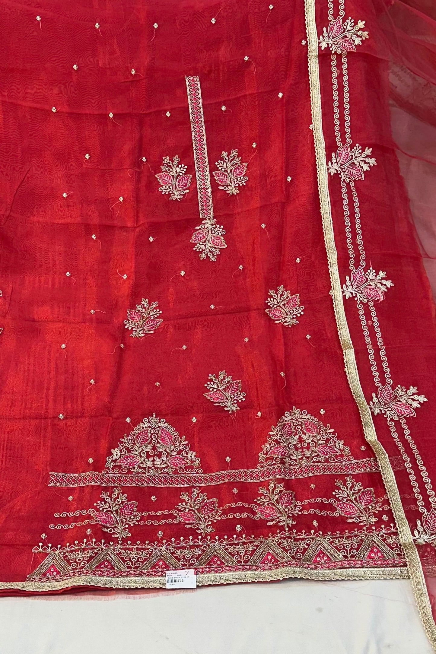 Dark Carrot Organza Handwork Suit Set with Silk Bottom & Organza Dupatta