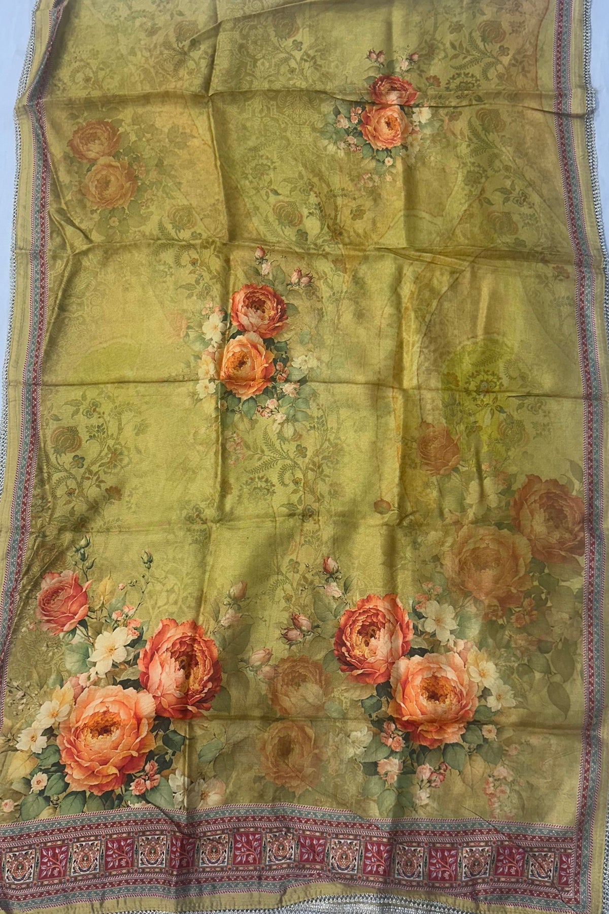 Light Mehndi Printed Musleen Silk Suit with Sippi & Antique Work