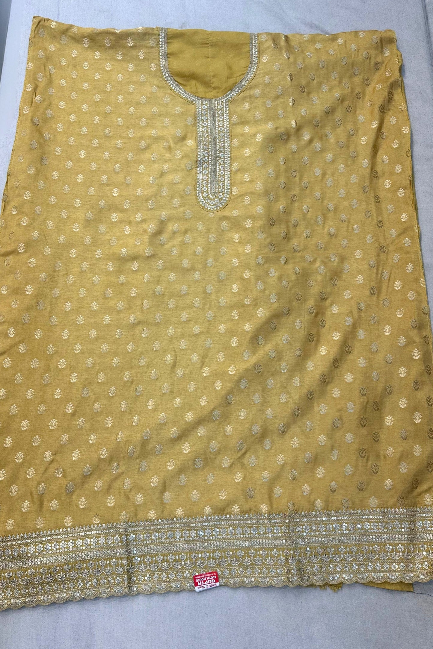 Light Golden Self Silk Designer Suit Set with Sippi Work & Organza Dupatta