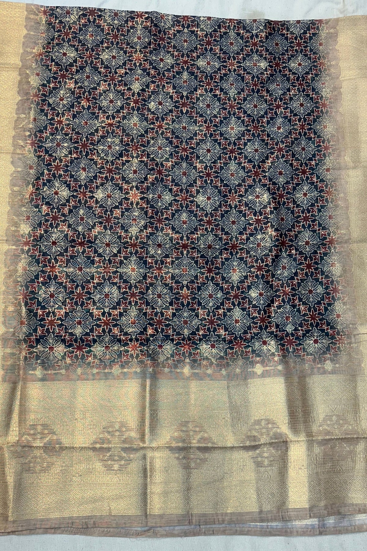 Navy Blue Musleen Silk Suit Set with Sippi Neck Work & Printed Organza Dupatta
