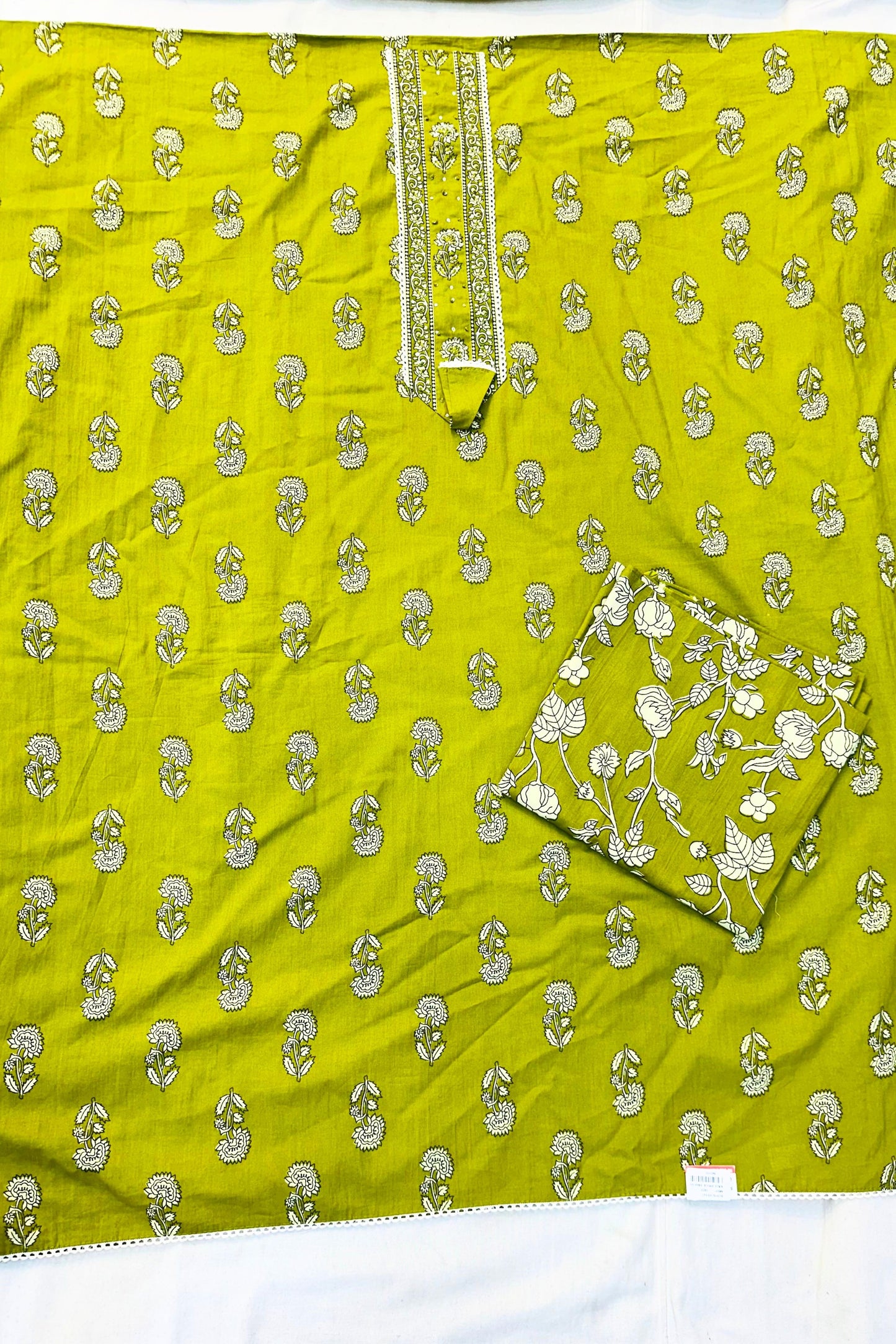 Mehndi Printed Cotton 3-Piece Suit with Patch Work Neck