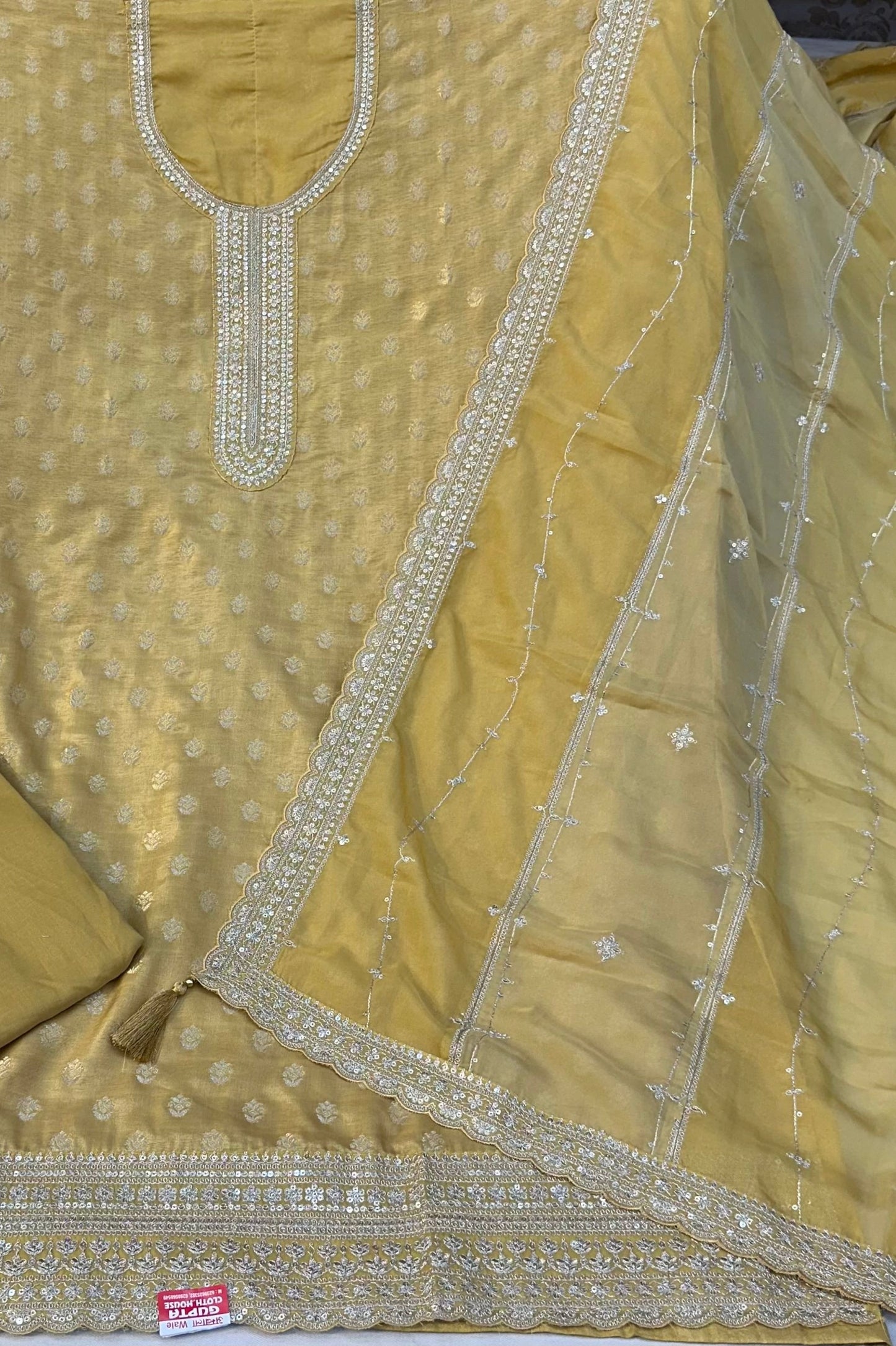 Light Golden Self Silk Designer Suit Set with Sippi Work & Organza Dupatta
