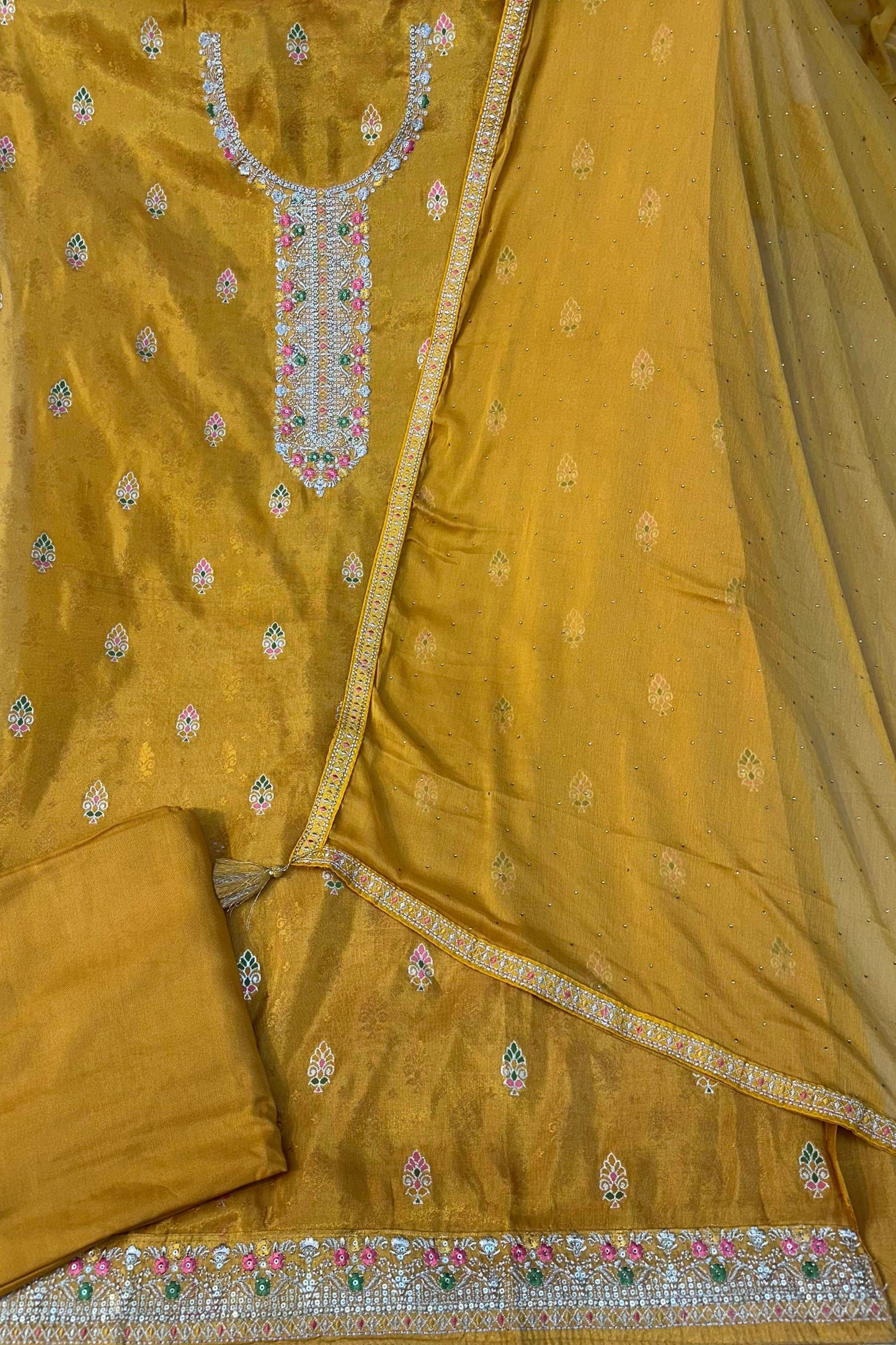 Dark Golden Shimmer Silk Handwork 3-Piece Suit Set