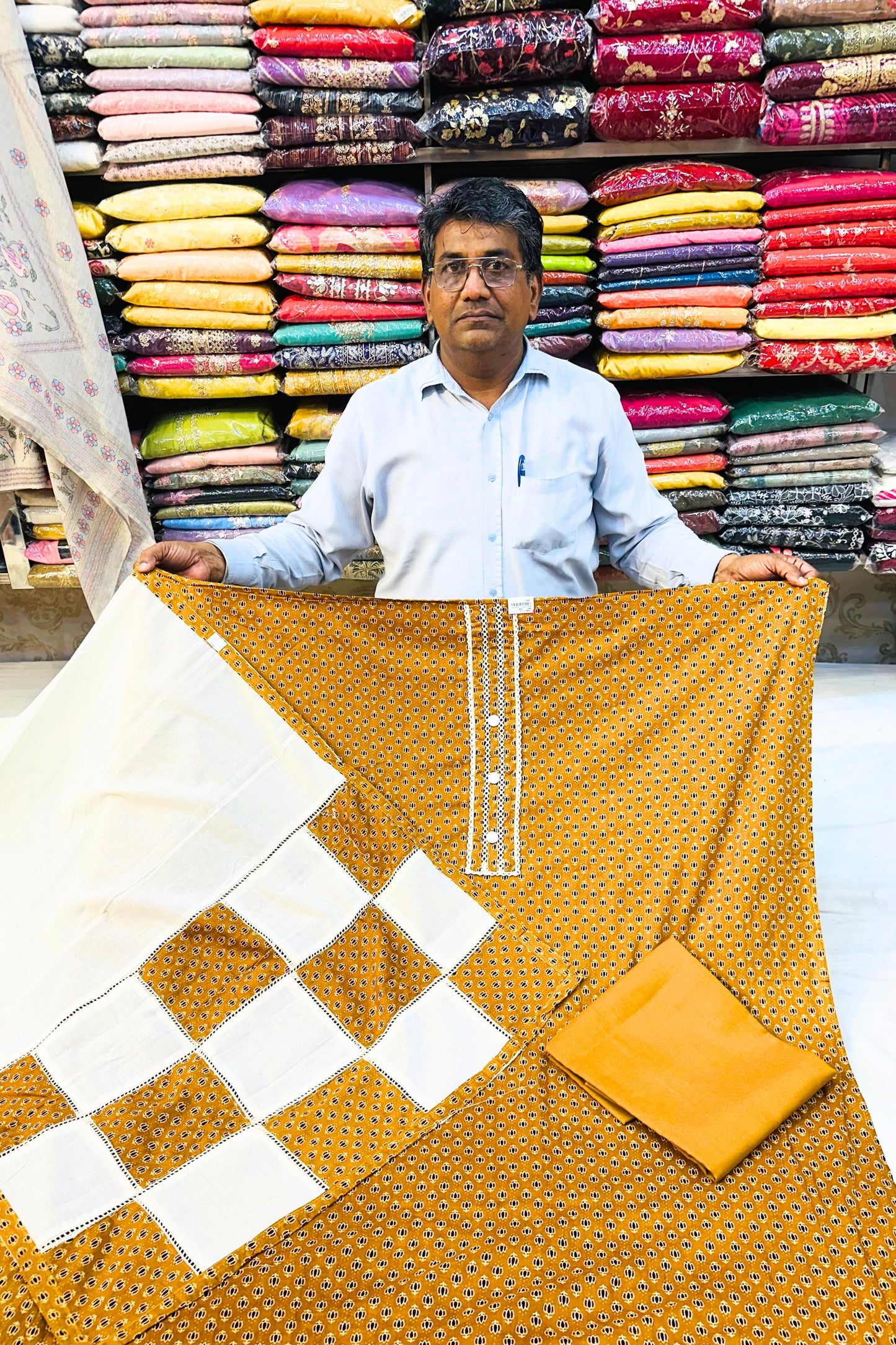 Mustard & Cream Cotton Patchwork Suit Set with Printed Dupatta