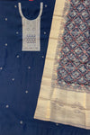 Navy Blue Musleen Silk Suit Set with Sippi Neck Work & Printed Organza Dupatta