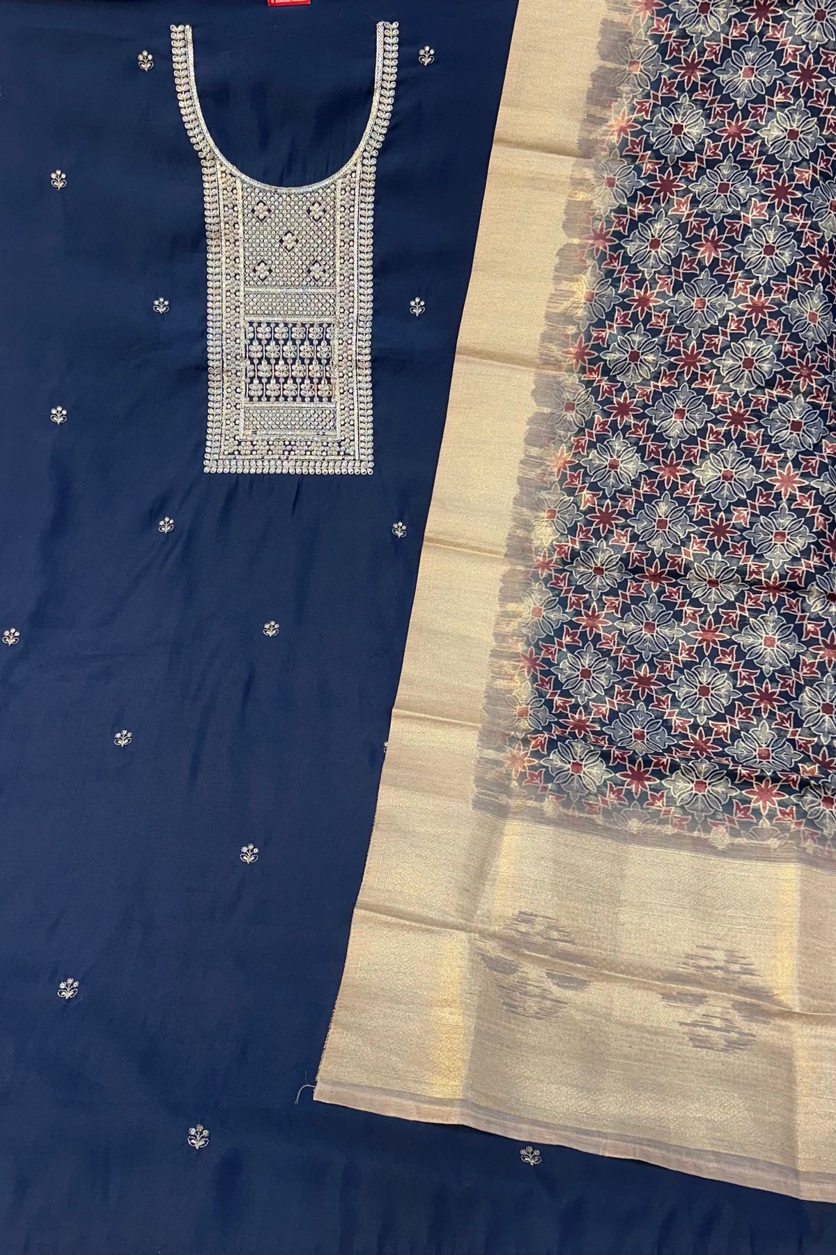 Navy Blue Musleen Silk Suit Set with Sippi Neck Work & Printed Organza Dupatta