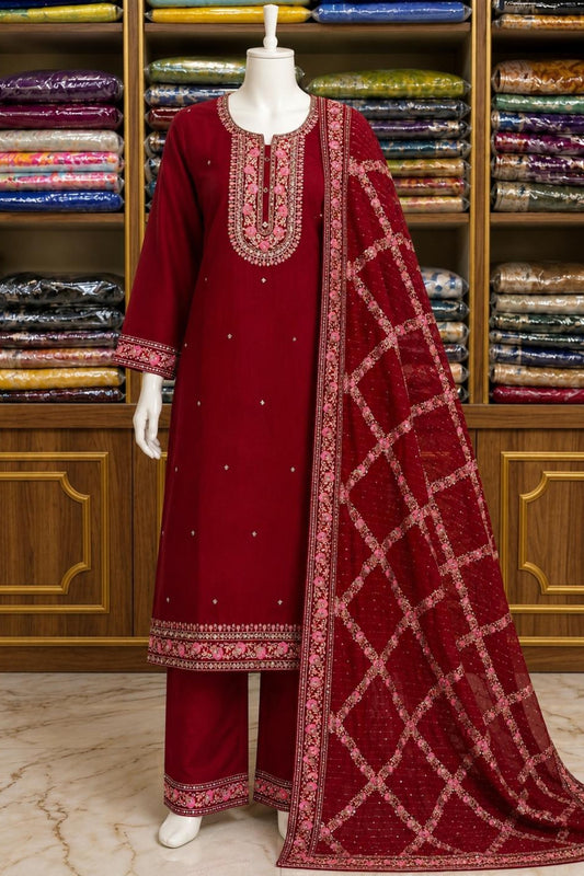 Red Cotton Silk Jari Work Suit Set with Heavy Dupatta