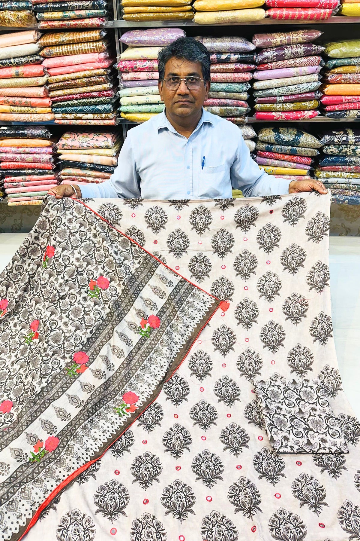 Badami Printed Kurta Set with Mirror & Thread Work