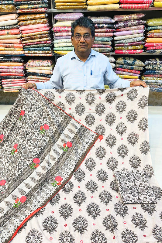 Badami Printed Kurta Set with Mirror & Thread Work