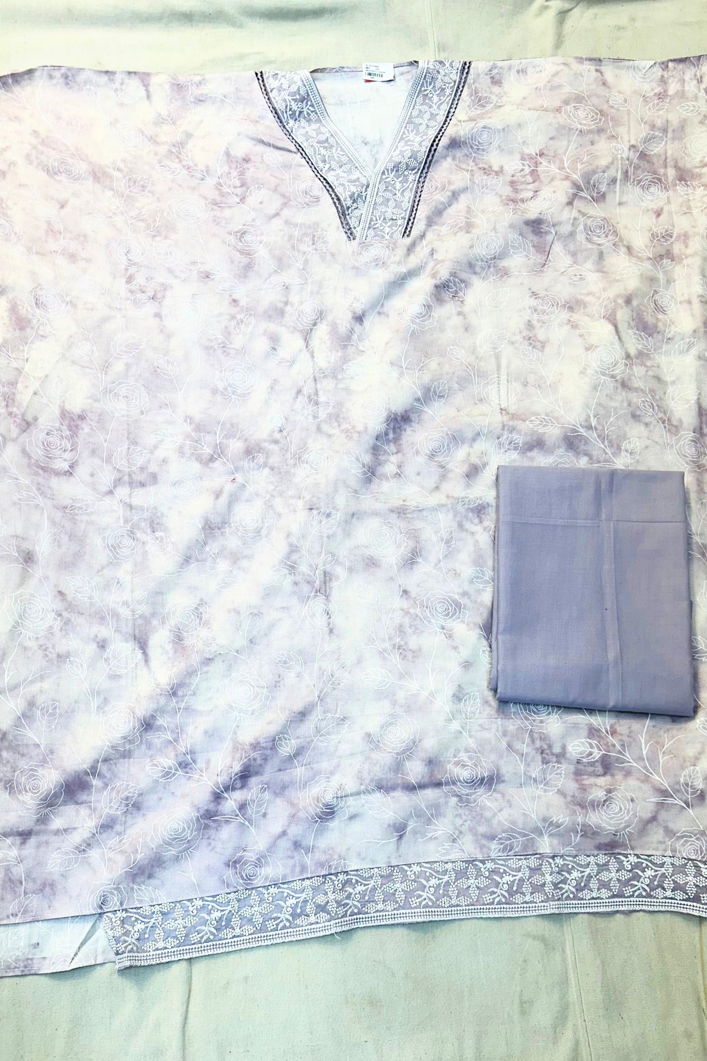 Light Purple Printed Cotton Threadwork 3-Piece Suit Set