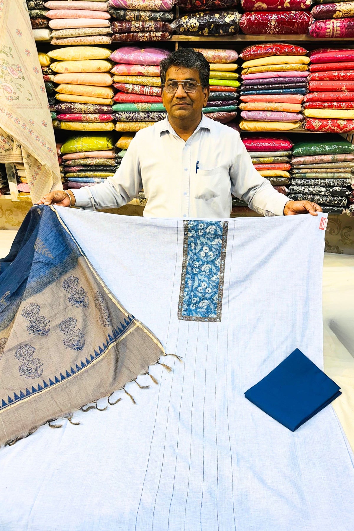 Powder Blue Aikad Cotton Printed Patch Work Suit Set