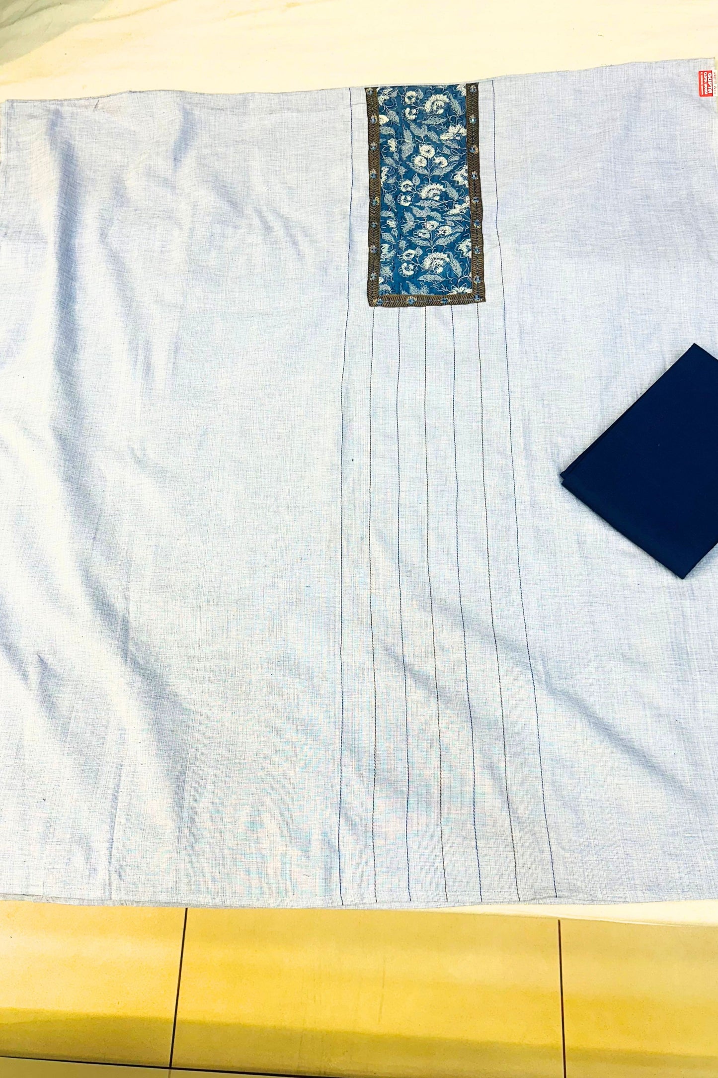 Powder Blue Aikad Cotton Printed Patch Work Suit Set