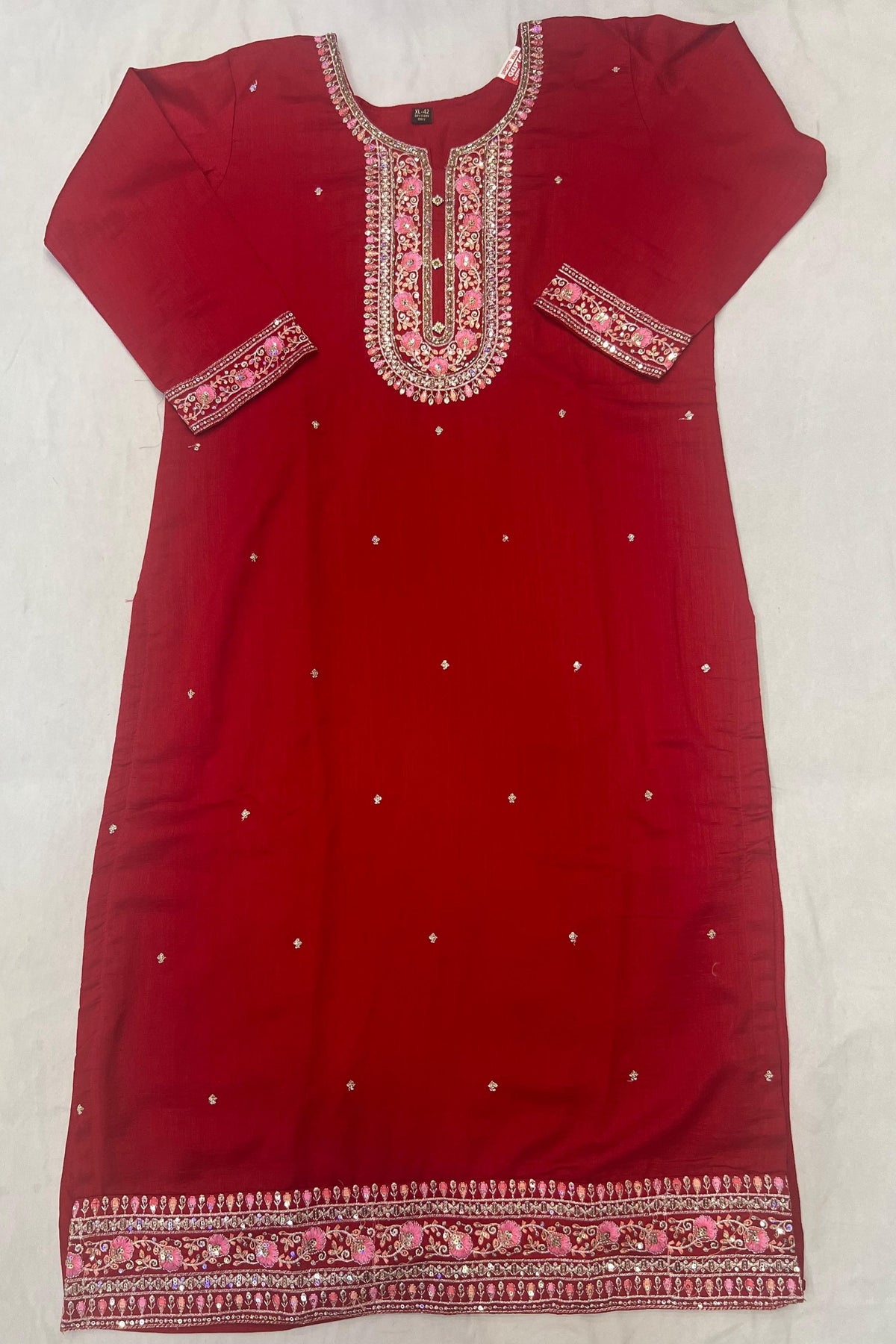 Red Cotton Silk Jari Work Suit Set with Heavy Dupatta