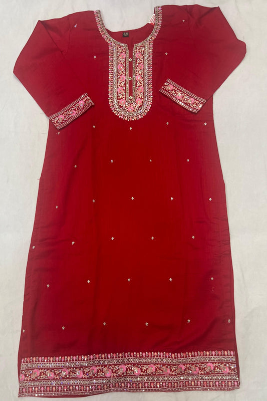 Red Cotton Silk Jari Work Suit Set with Heavy Dupatta