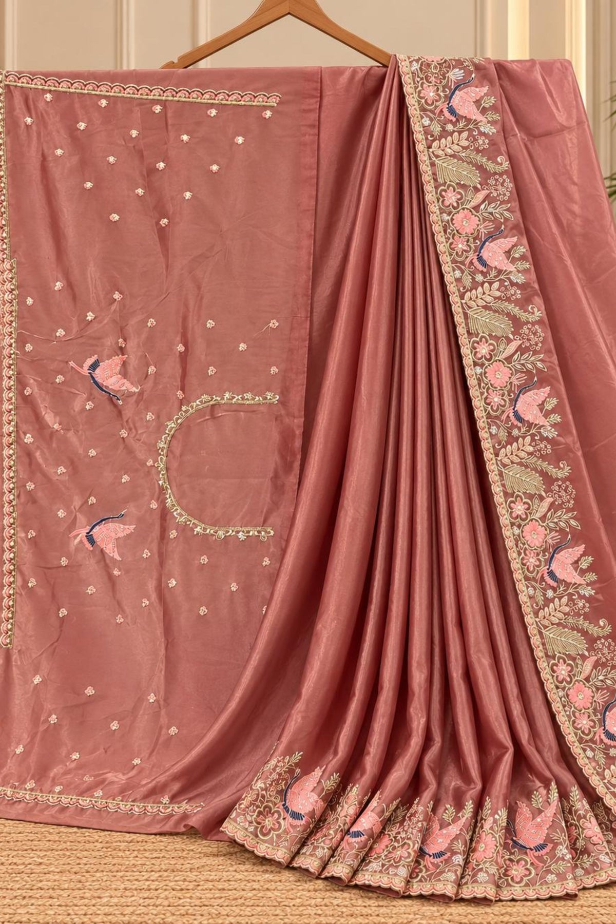Onion Taby Silk Saree with Thread & Matching Work