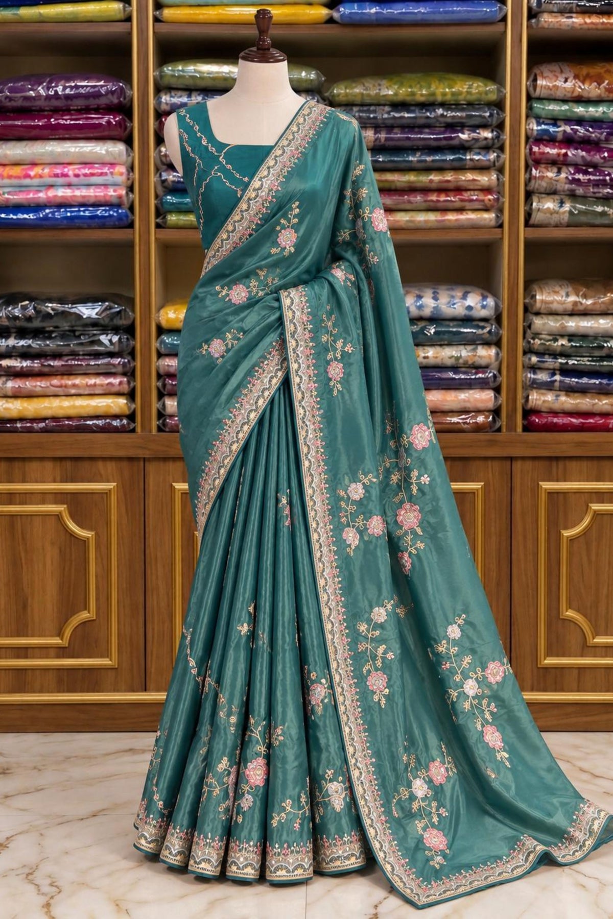Peacock Green Tabby Silk Saree with Intricate Jury, Thread & Sequin Work