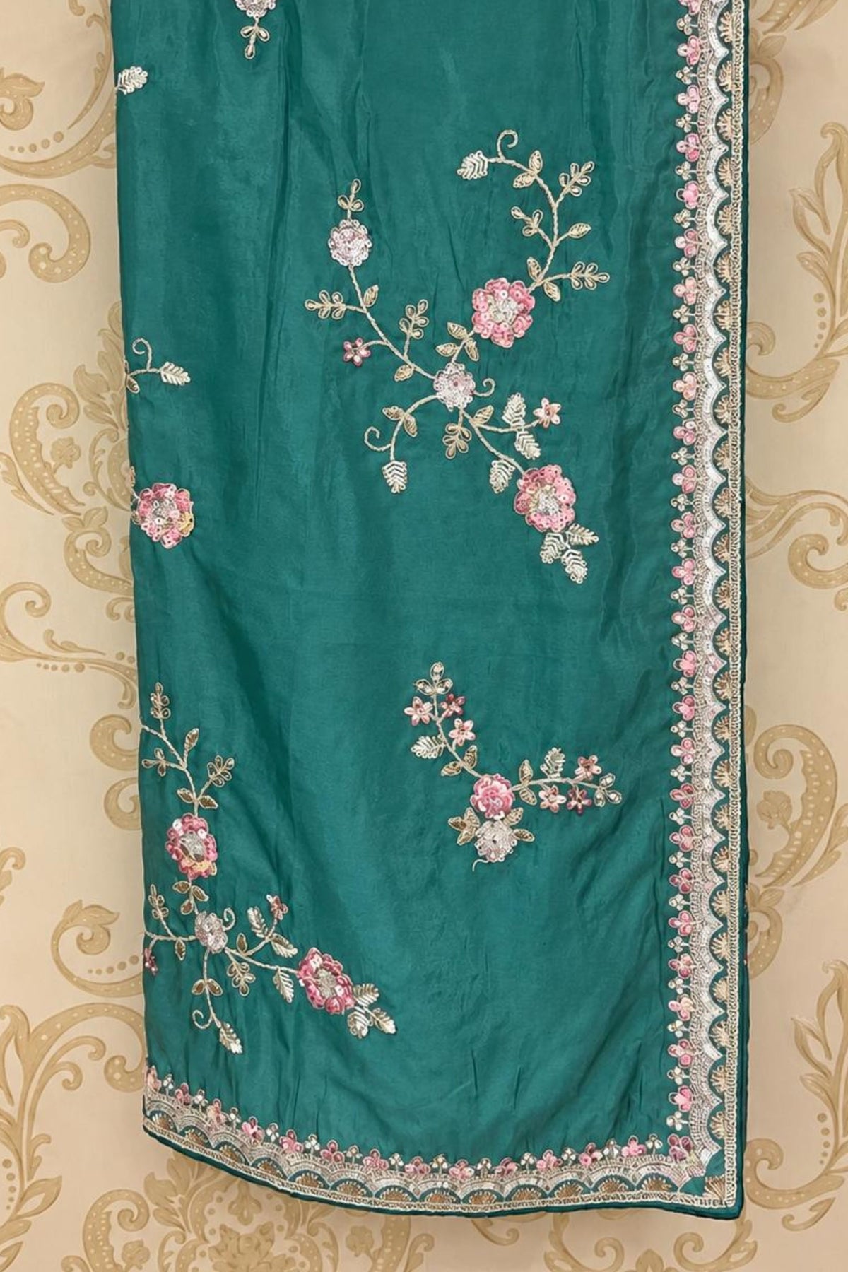 Peacock Green Tabby Silk Saree with Intricate Jury, Thread & Sequin Work