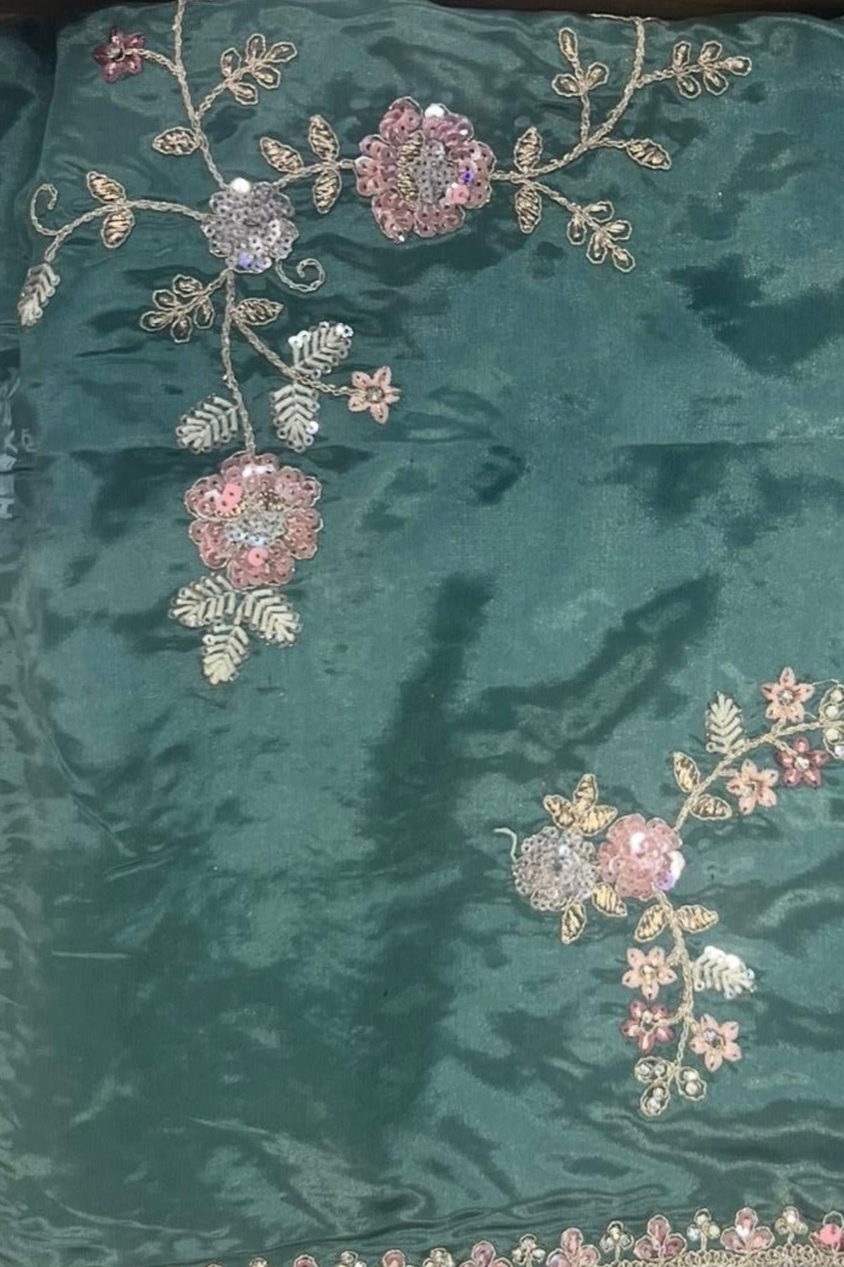 Peacock Green Tabby Silk Saree with Intricate Jury, Thread & Sequin Work