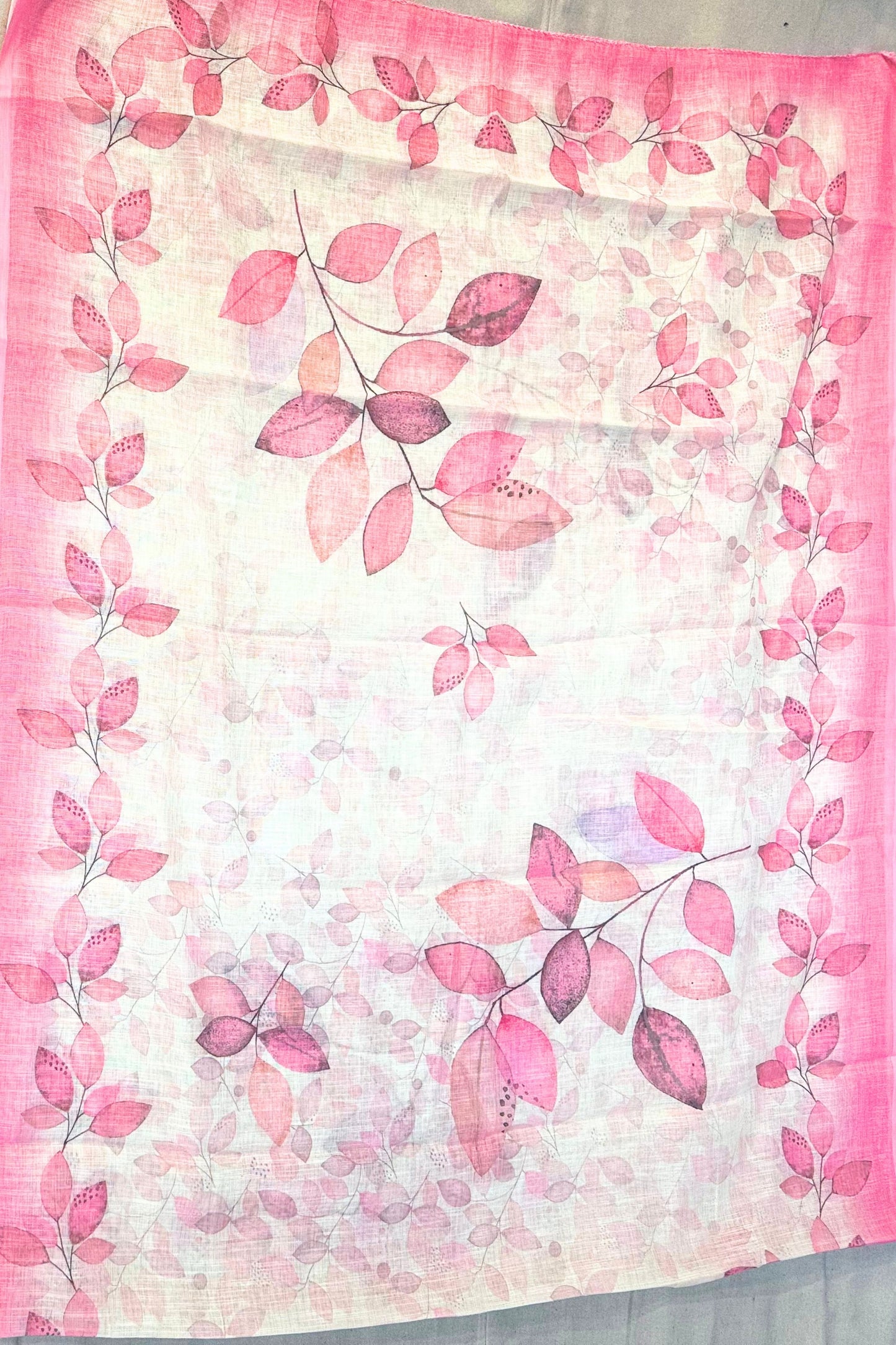 Cream & Pink Printed Cotton Suit Set with Linen Cotton Dupatta