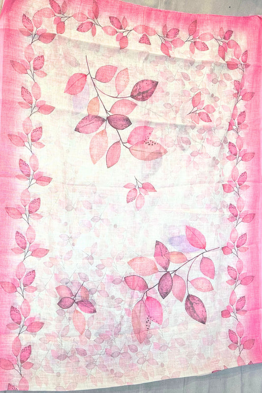 Cream & Pink Printed Cotton Suit Set with Linen Cotton Dupatta