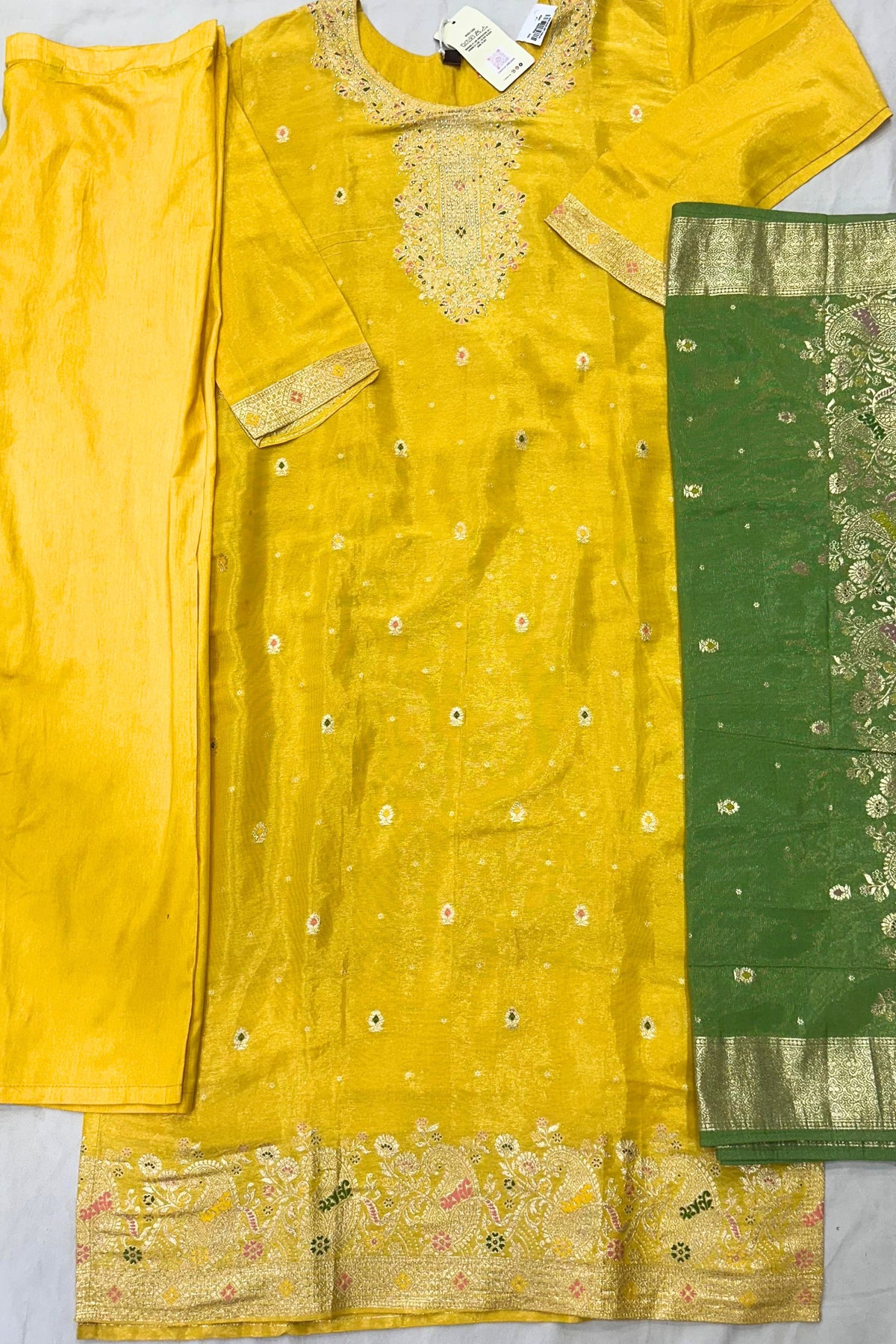 Yellow Maheshwari Silk Suit with Silver Jari Work & Parrot Contrast Dupatta