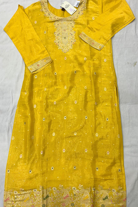 Yellow Maheshwari Silk Suit with Silver Jari Work & Parrot Contrast Dupatta