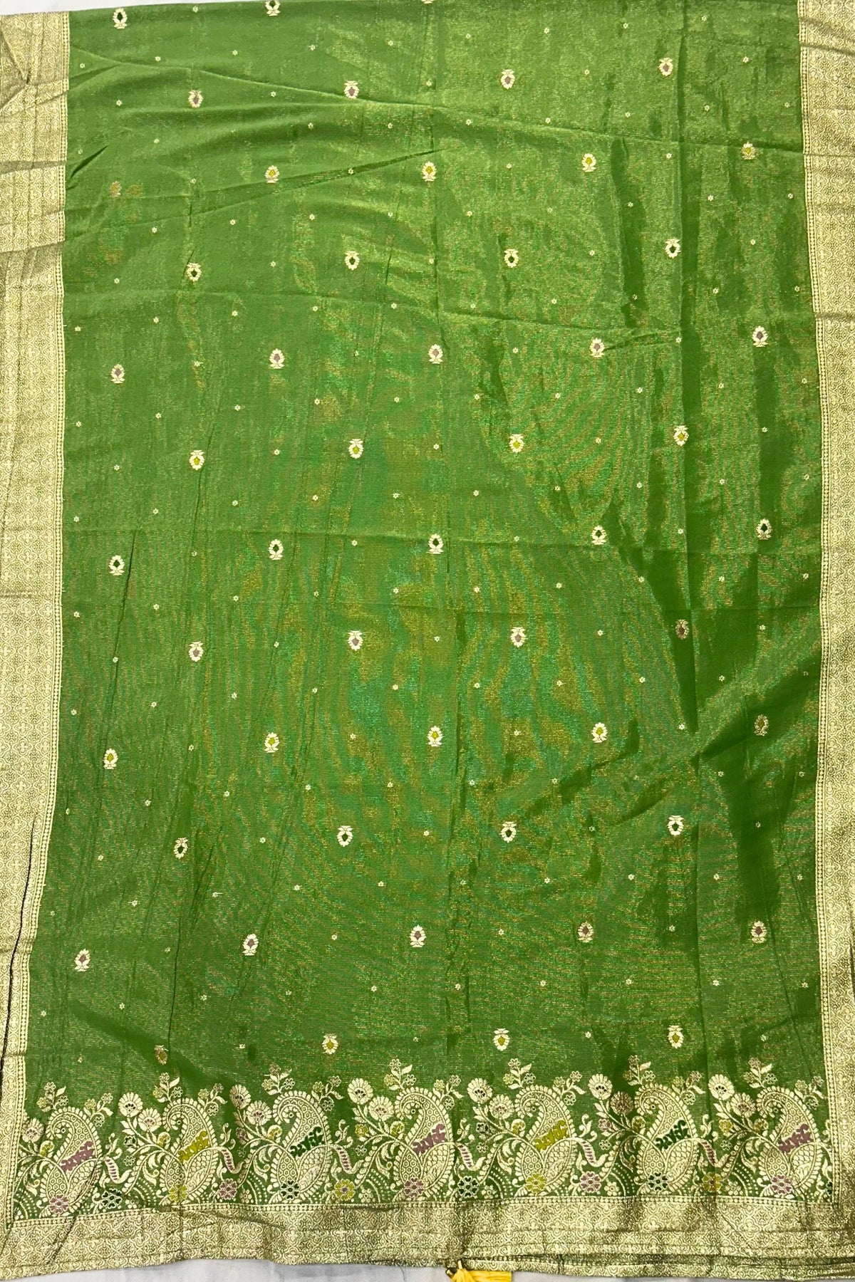 Yellow Maheshwari Silk Suit with Silver Jari Work & Parrot Contrast Dupatta