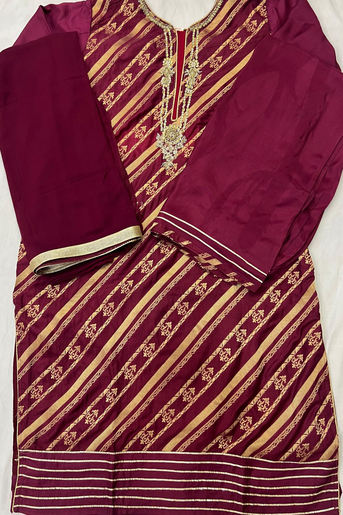 Maroon Opada Silk Suit Set with Banarasi Work & Chiffon Dupatta